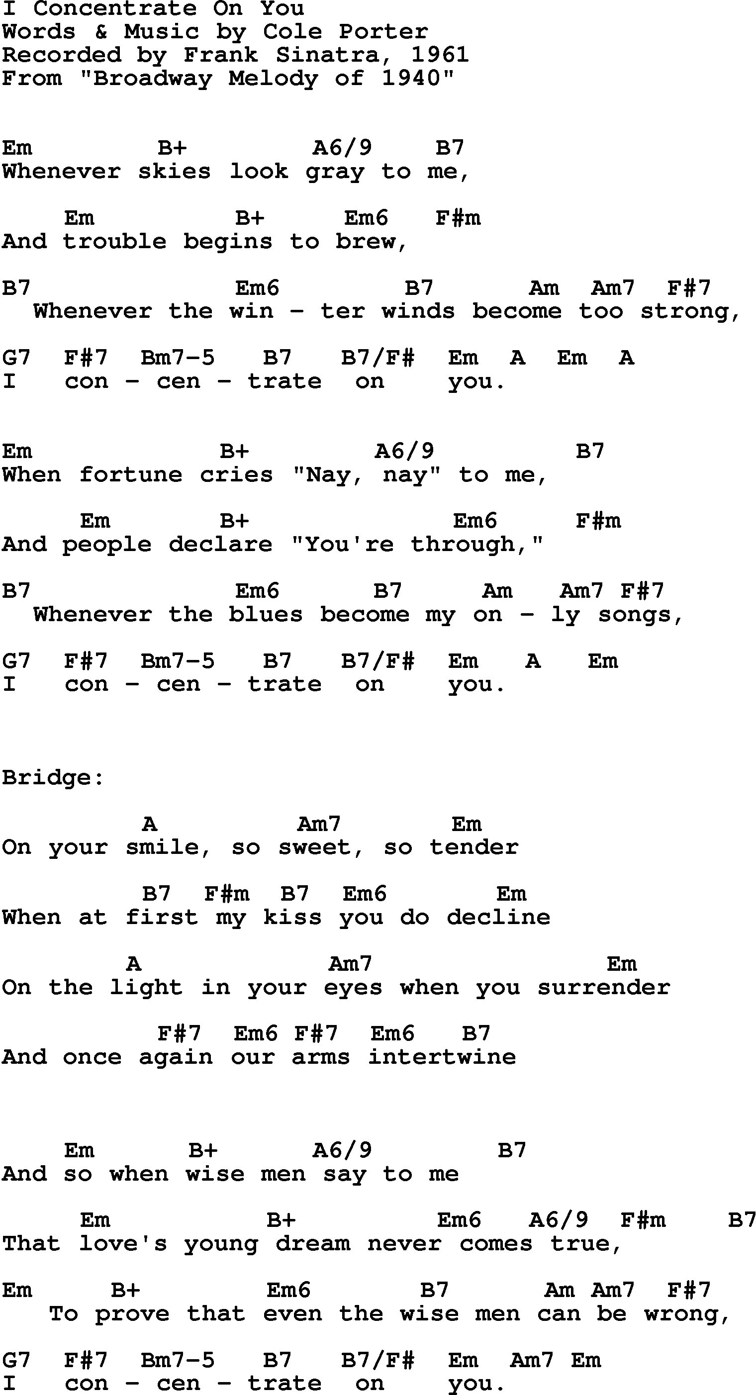 Song Lyrics with guitar chords for I Concentrate On You -  frank Sinatra, 1961