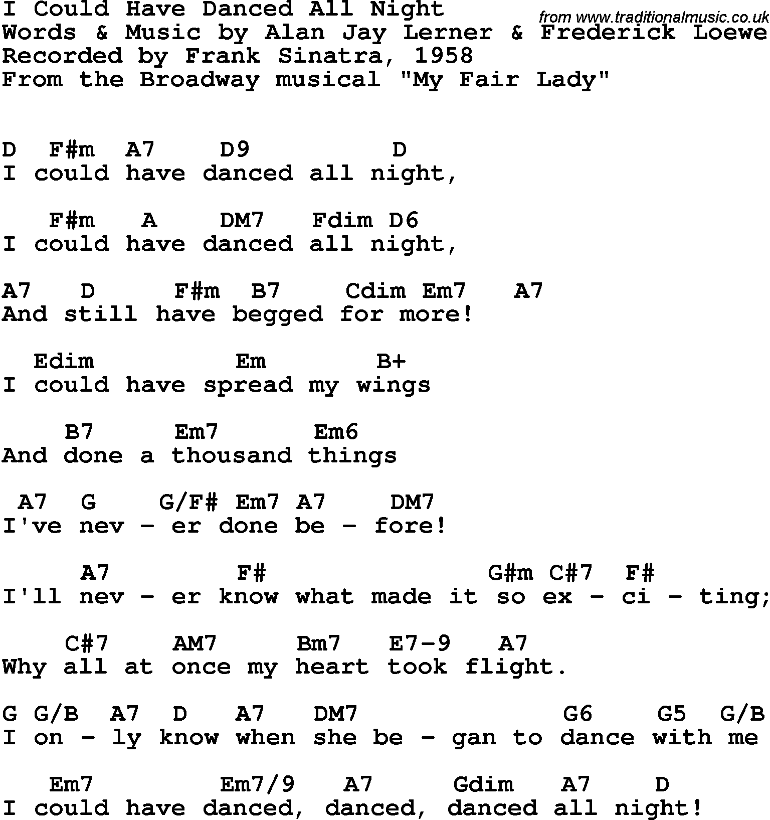 Song Lyrics with guitar chords for I Could Have Danced All Night - Frank Sinatra, 1958