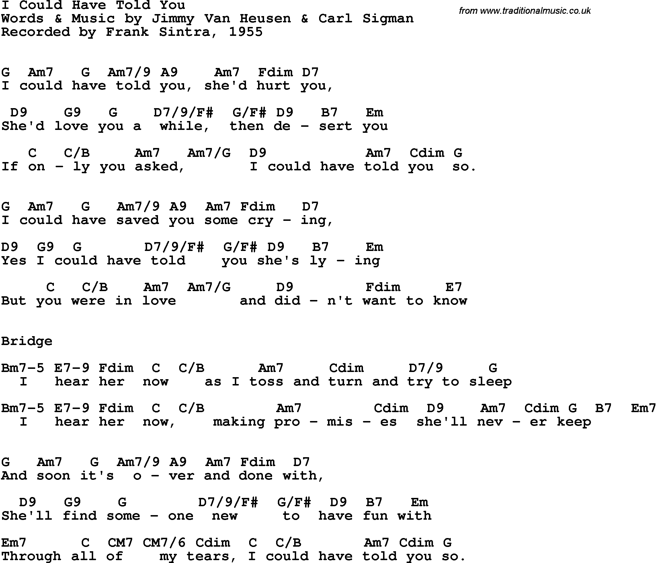 Song Lyrics with guitar chords for I Could Have Told You So - Frank Sinatra, 1955