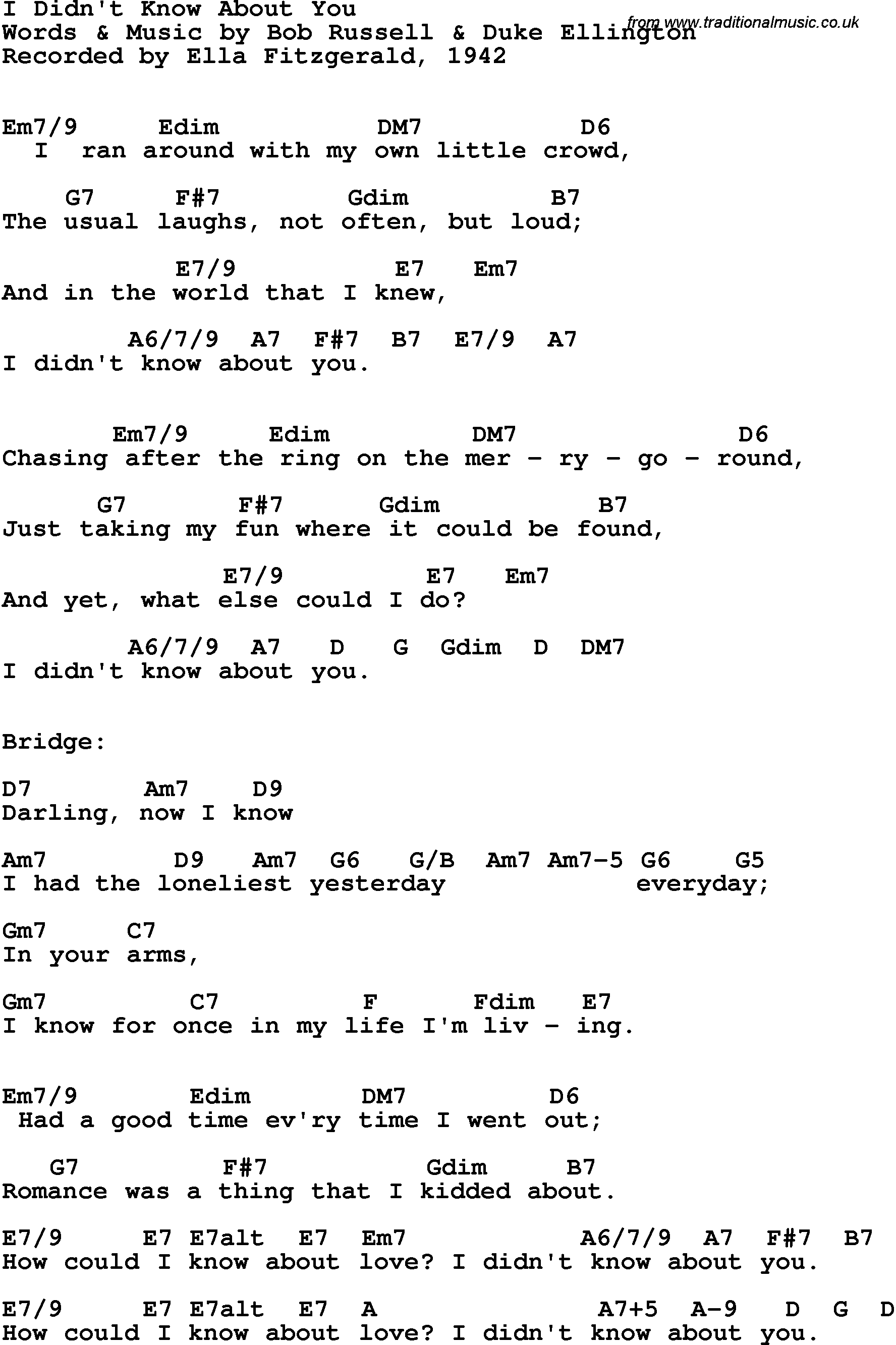 Song Lyrics with guitar chords for I Didn't Know About You - Ella Fitzgerald, 1942