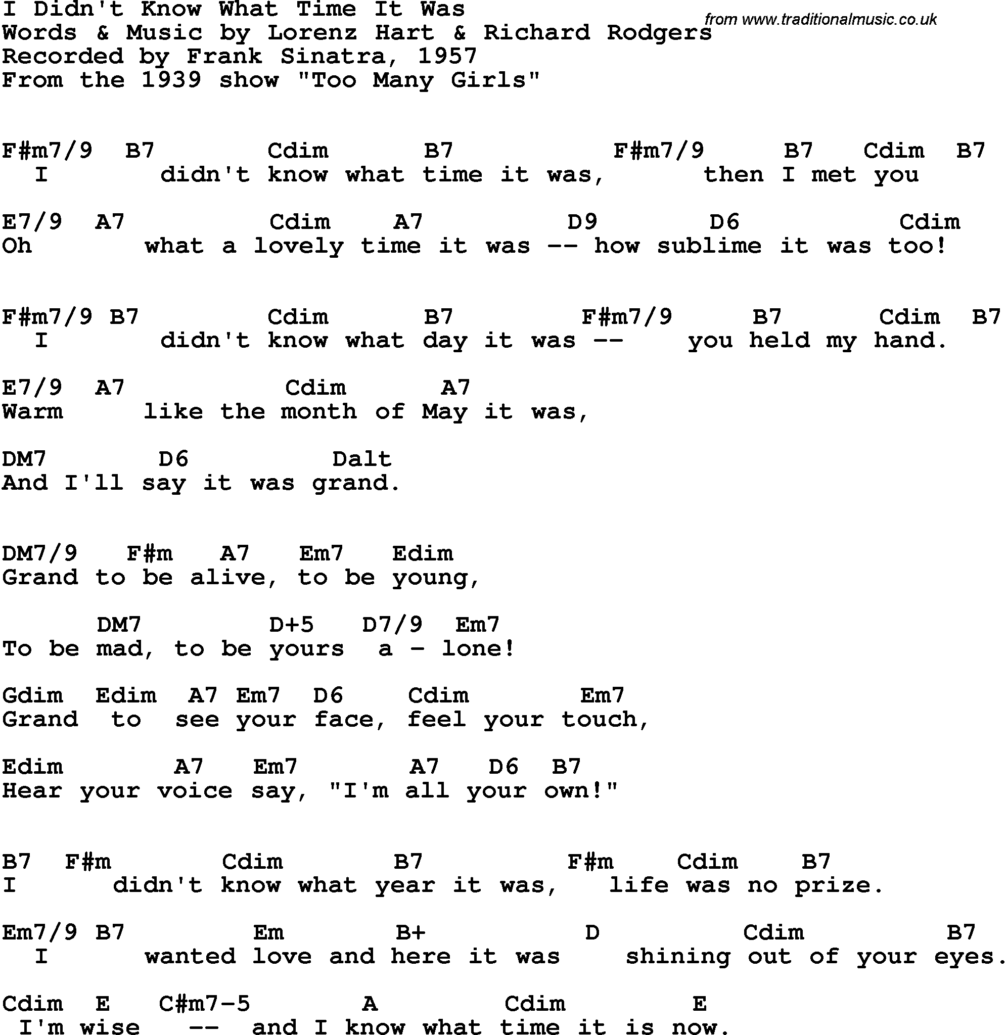 Song Lyrics with guitar chords for I Didn't Know What Time It Was - Frank Sinatra, 1957