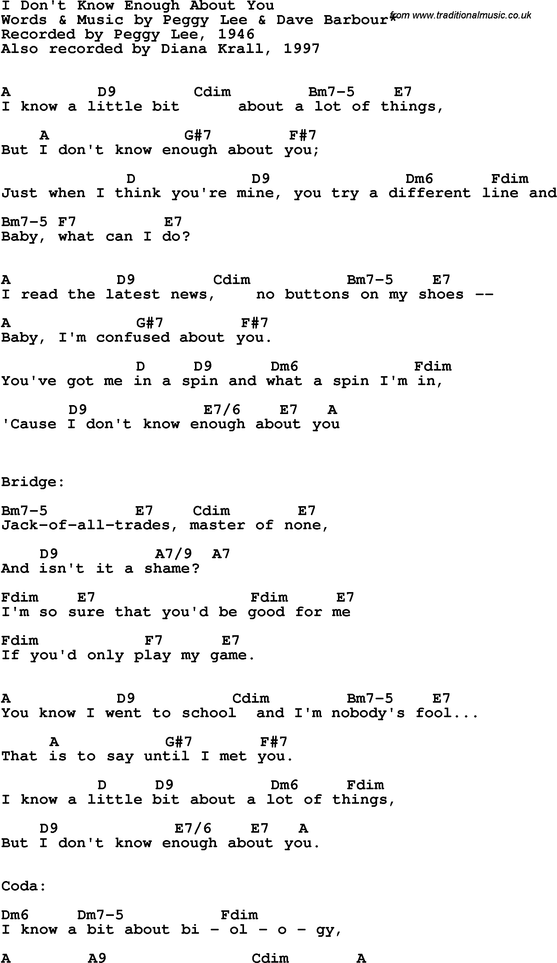 Song Lyrics with guitar chords for I Don't Know Enough About You - Peggy Lee, 1946