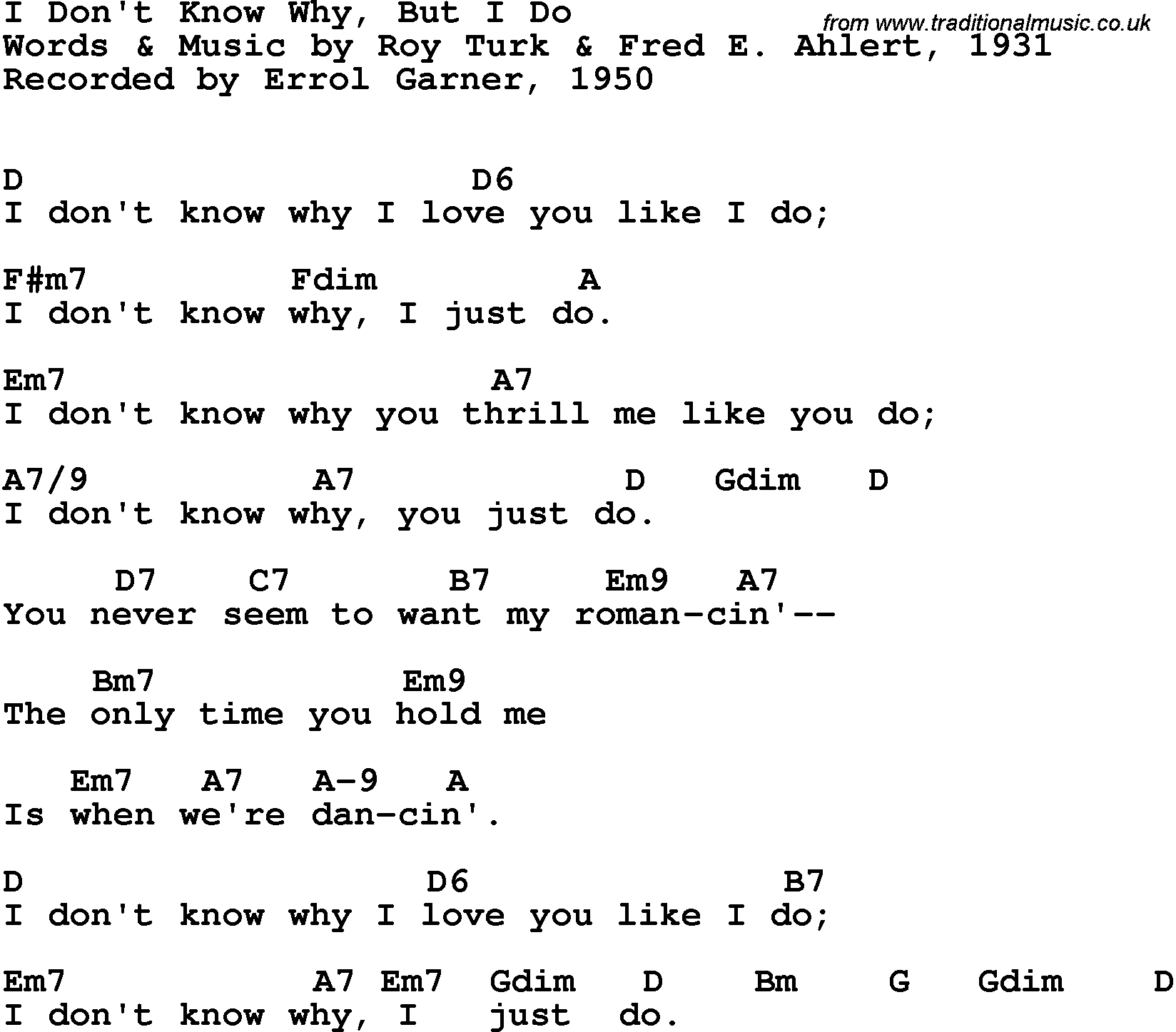 Song Lyrics with guitar chords for I Don't Know Why, But I Do - Erroll Garner, 1950