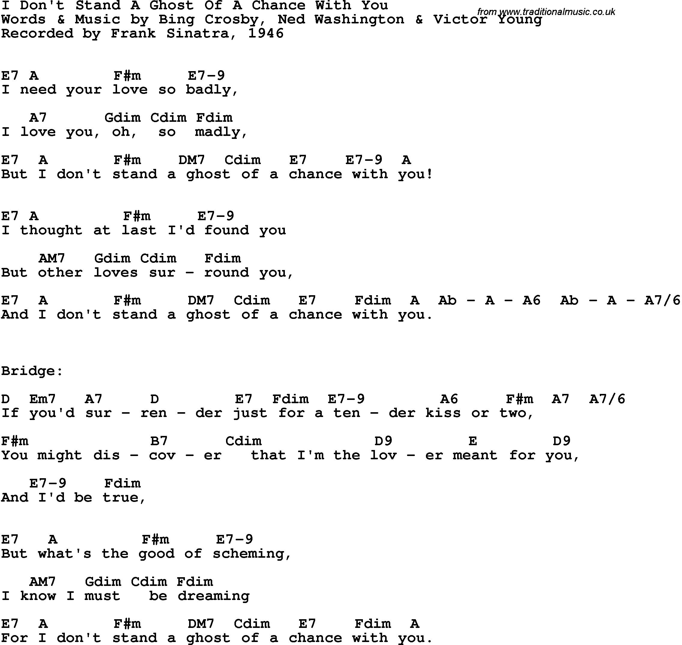Song Lyrics with guitar chords for I Don't Stand A Ghost Of A Chance With You - Frank Sinatra, 1946