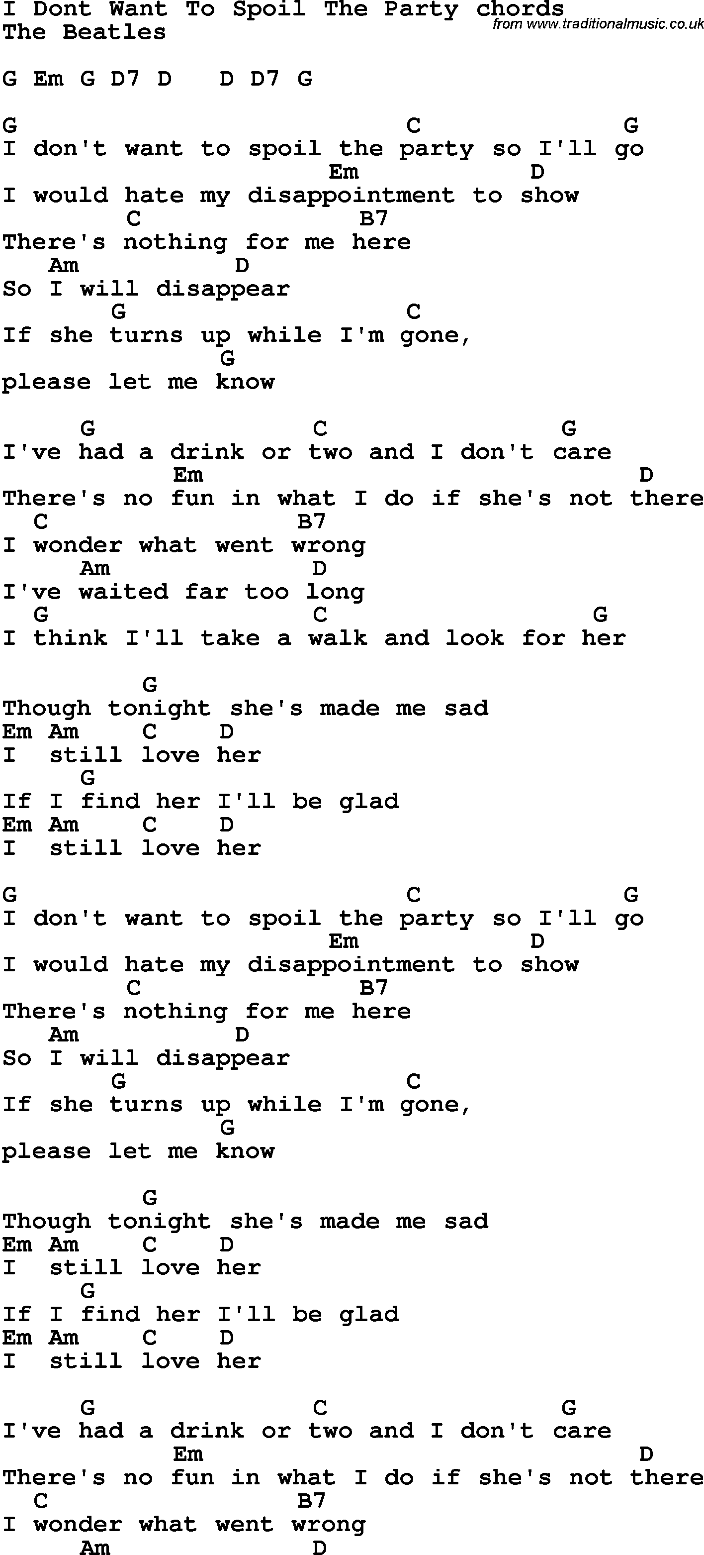 Song Lyrics with guitar chords for I Don't Want To Spoil The Party
