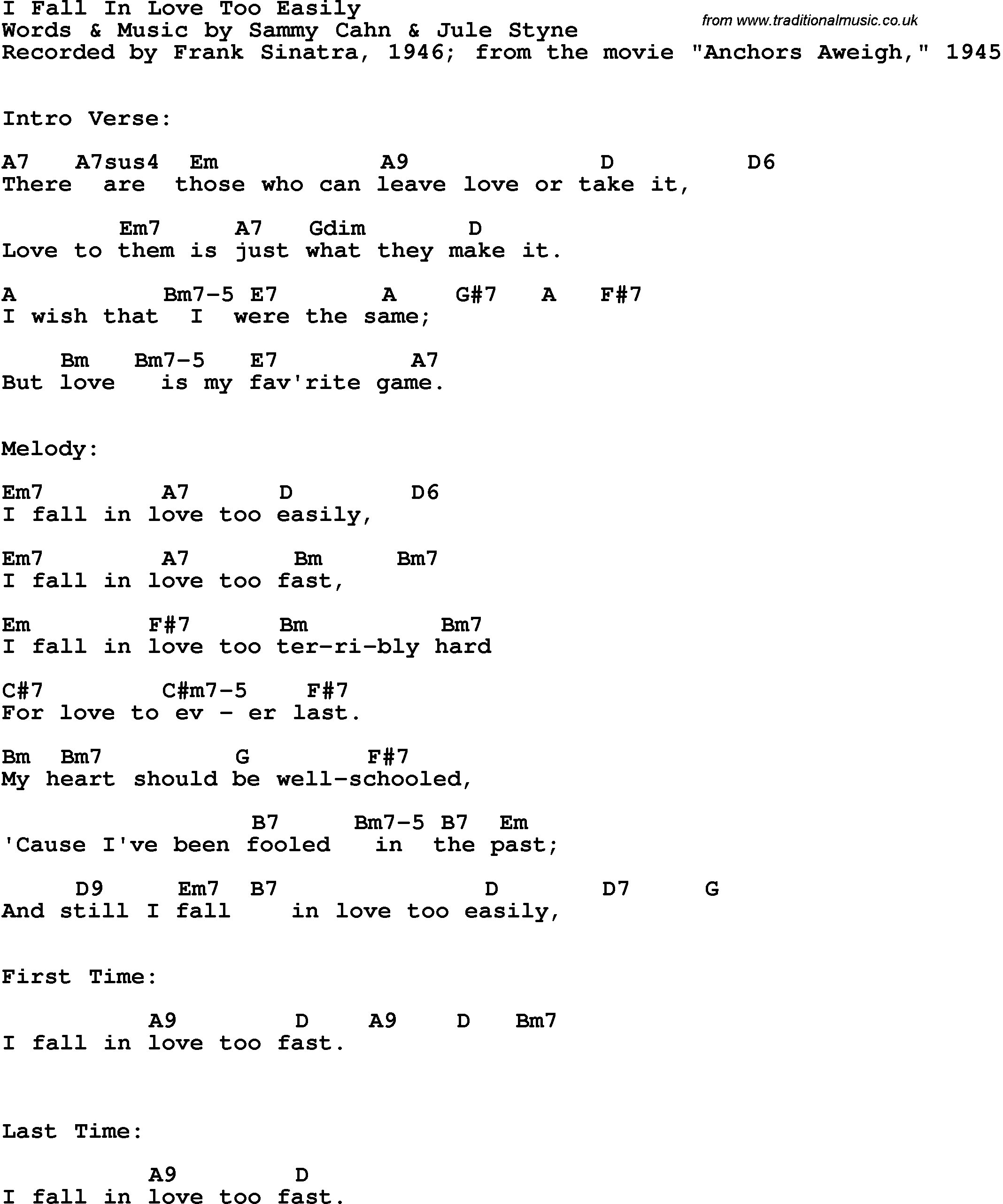 Song Lyrics with guitar chords for I Fall In Love Too Easily - Frank Sinatra, 1946