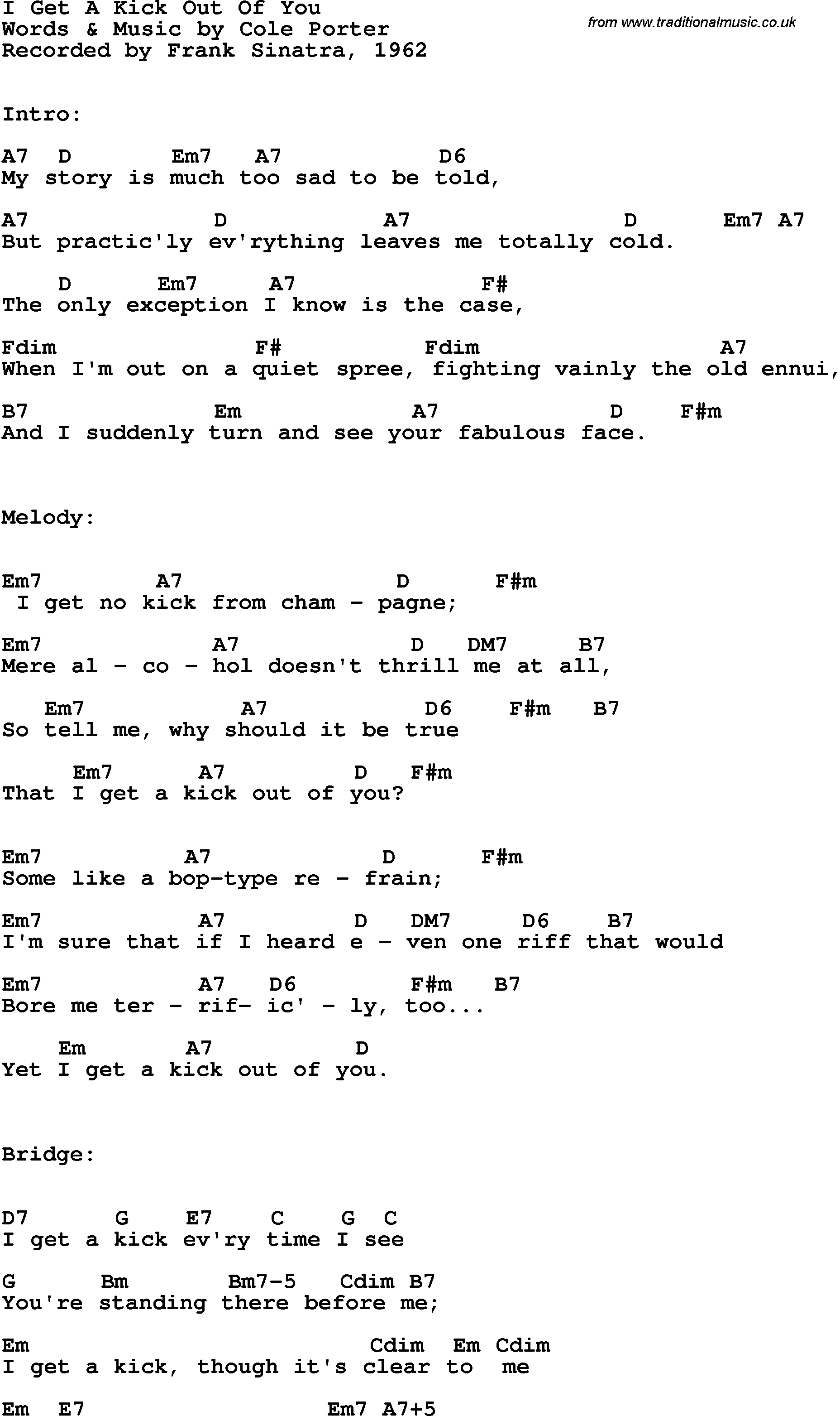 Song Lyrics with guitar chords for I Get A Kick Out Of You - Frank Sinatra, 1962