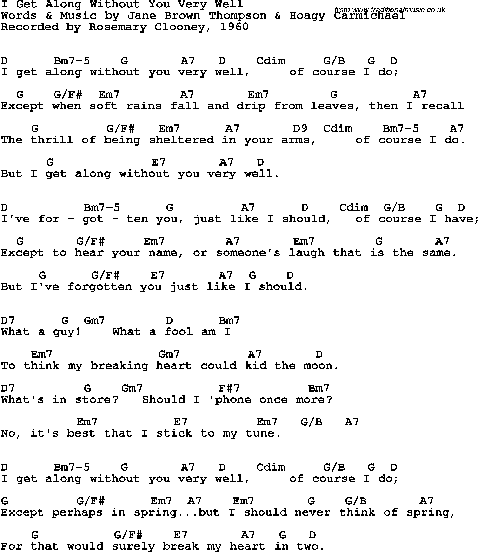 Song Lyrics with guitar chords for I Get Along Without You Very Well - Rosemary Clooney, 1960