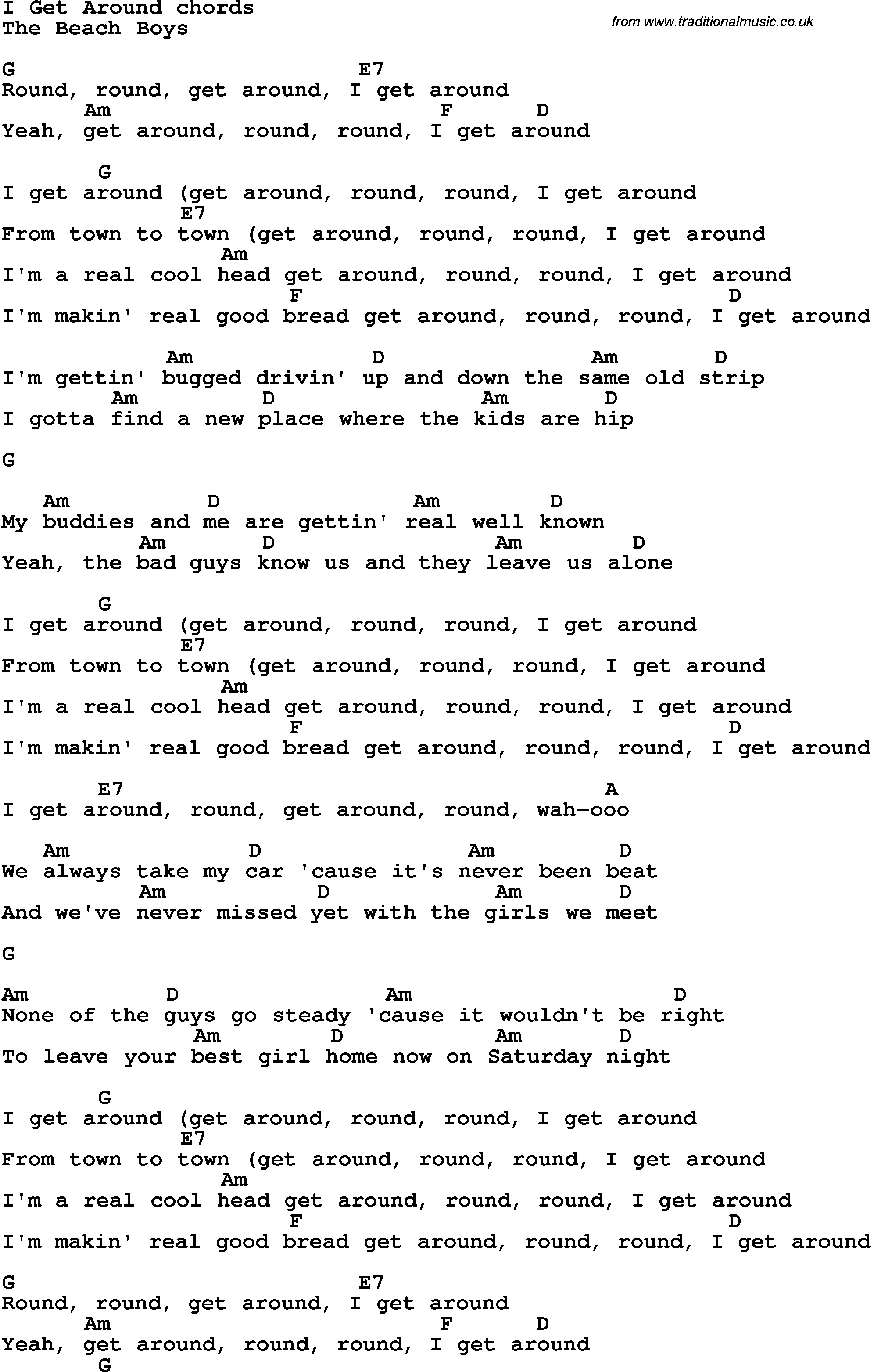 Song Lyrics with guitar chords for I Get Around