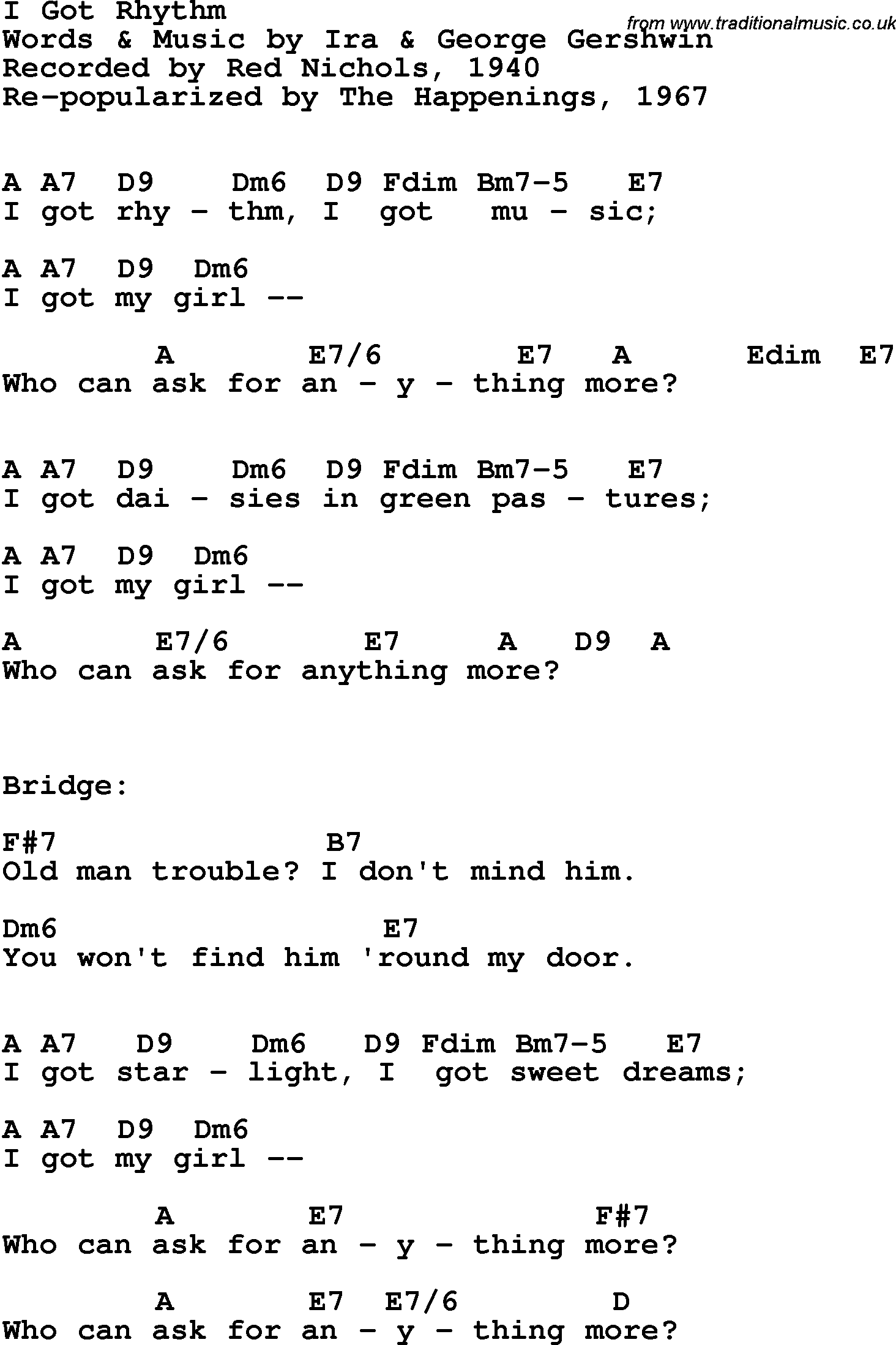 Song Lyrics with guitar chords for I Got Rhythm - Red Nichols, 1940