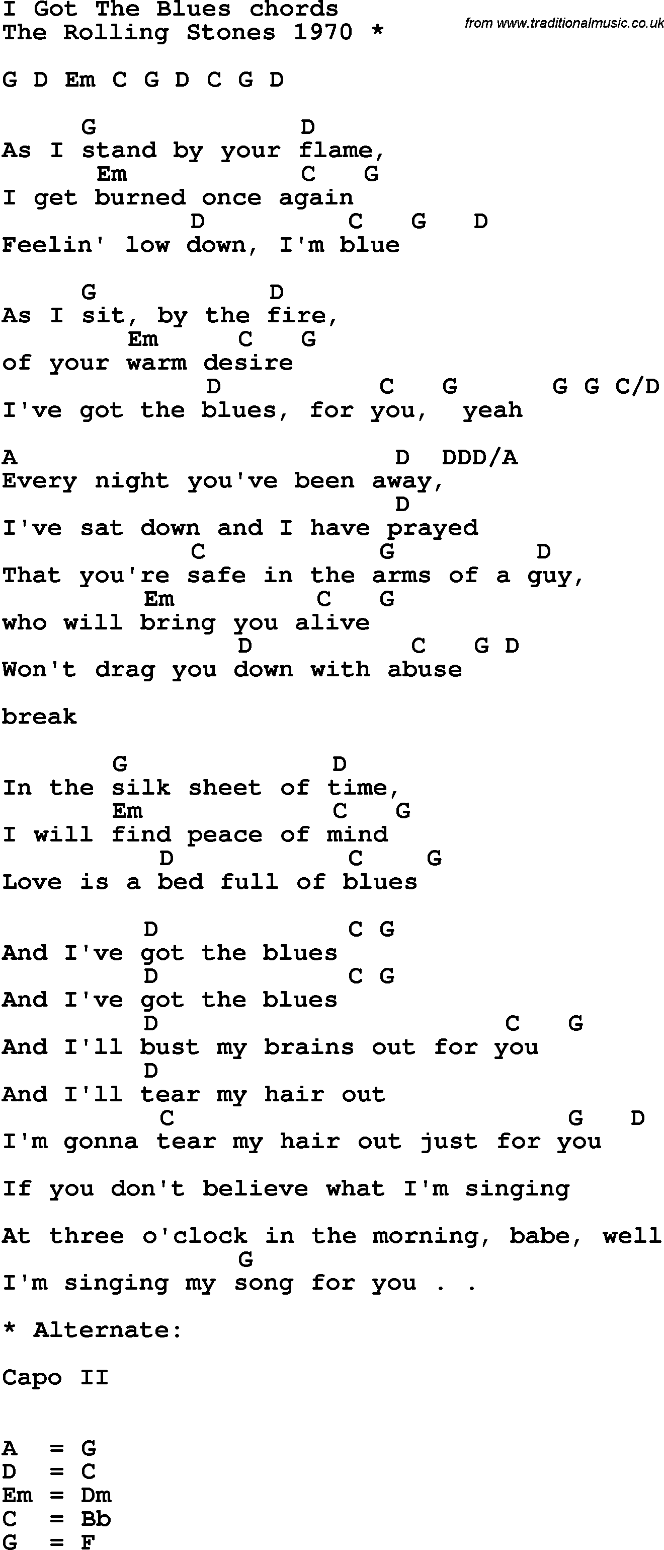 Song Lyrics with guitar chords for I Got The Blues