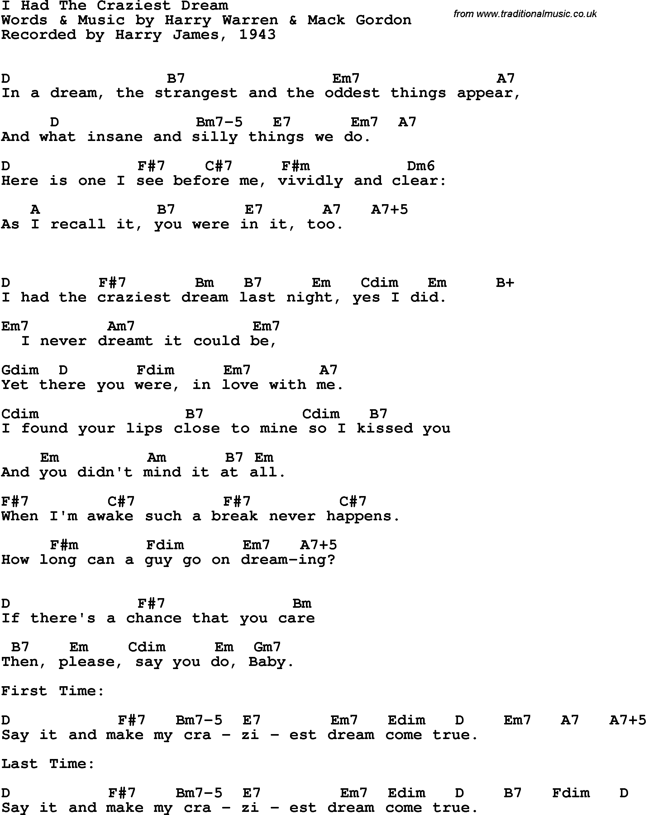 Song Lyrics with guitar chords for I Had The Craziest Dream - Harry James, 1943