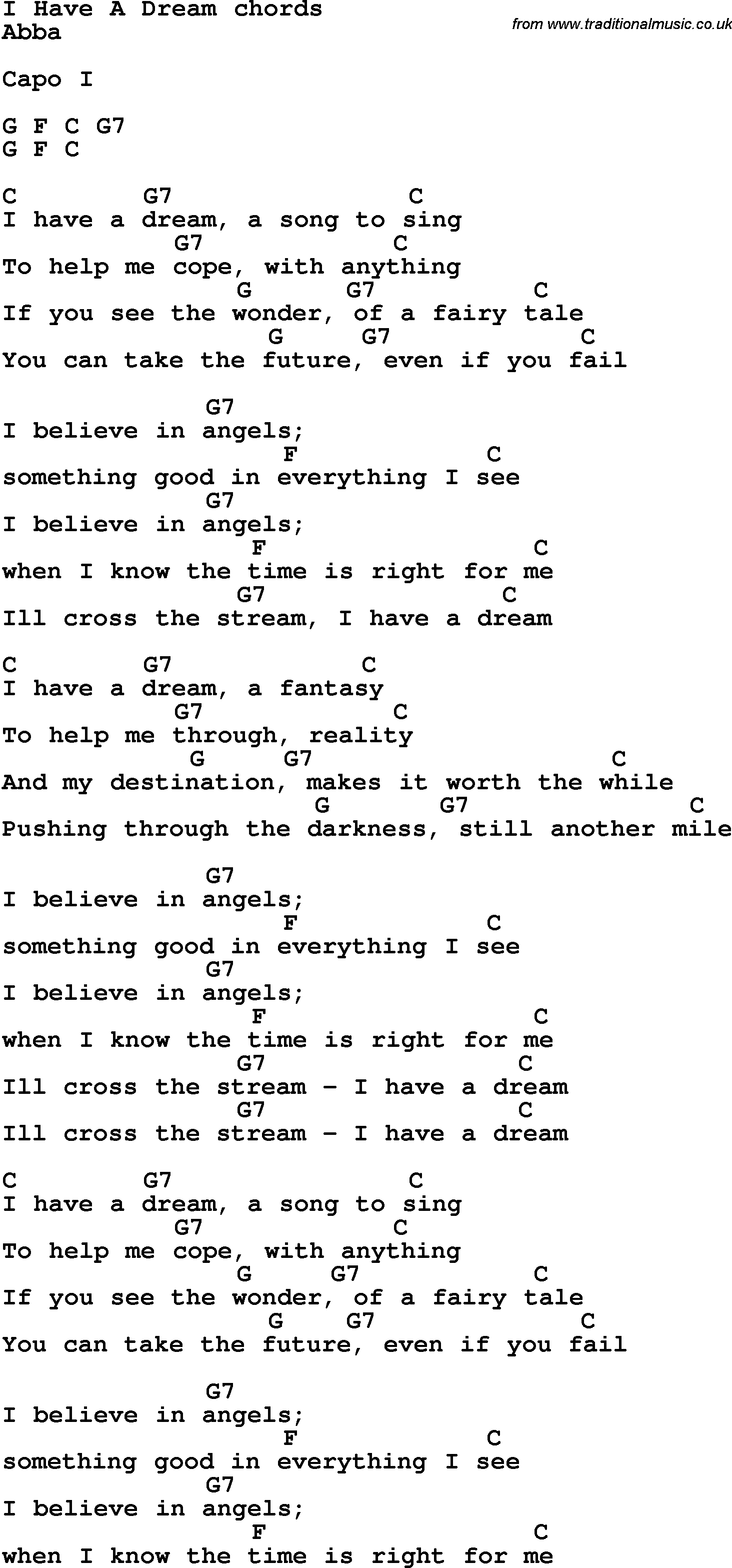 Song Lyrics with guitar chords for I Have A Dream