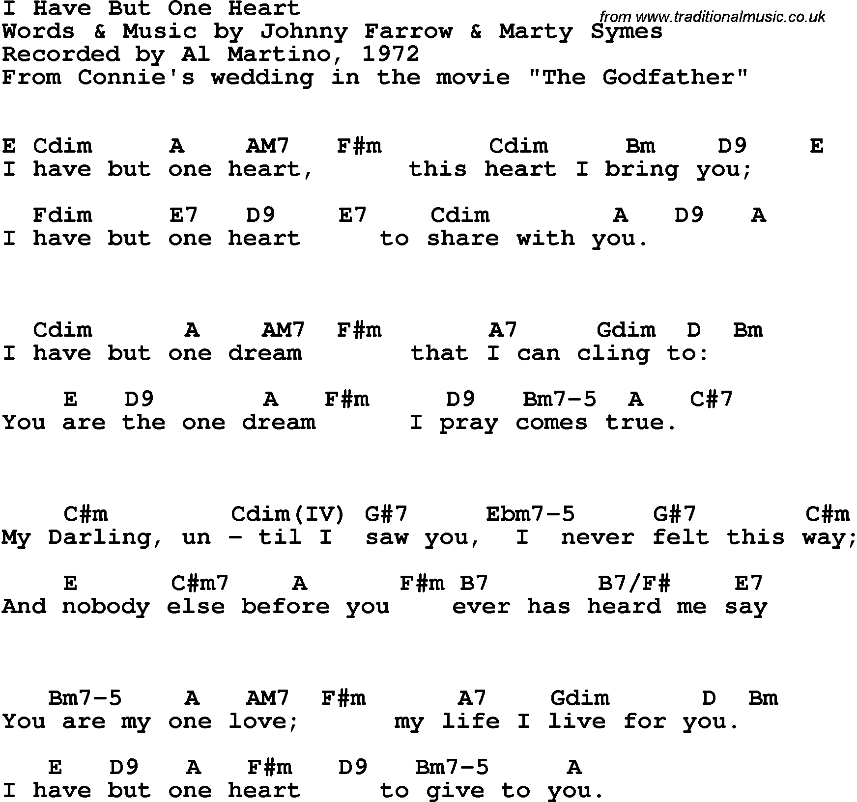 Song Lyrics with guitar chords for I Have But One Heart - Al Martino, 1972