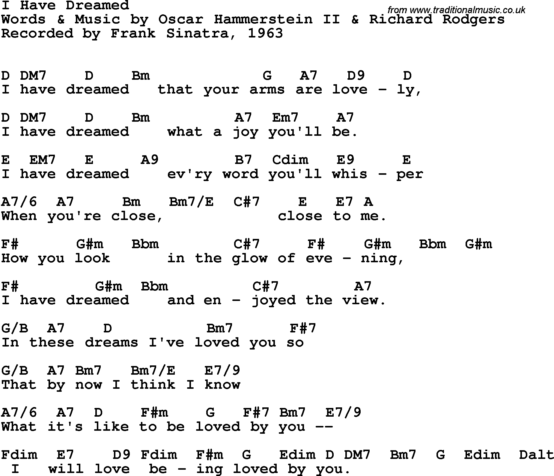 Song Lyrics with guitar chords for I Have Dreamed - Frank Sinatra, 1963
