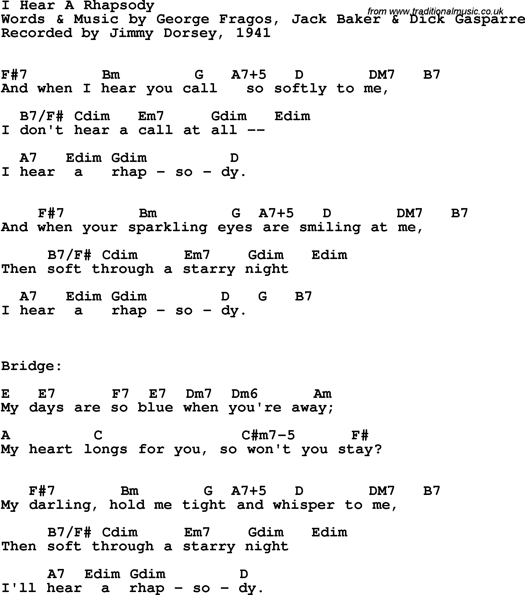 Song Lyrics with guitar chords for I Hear A Rhapsody - Jimmy Dorsey, 1941
