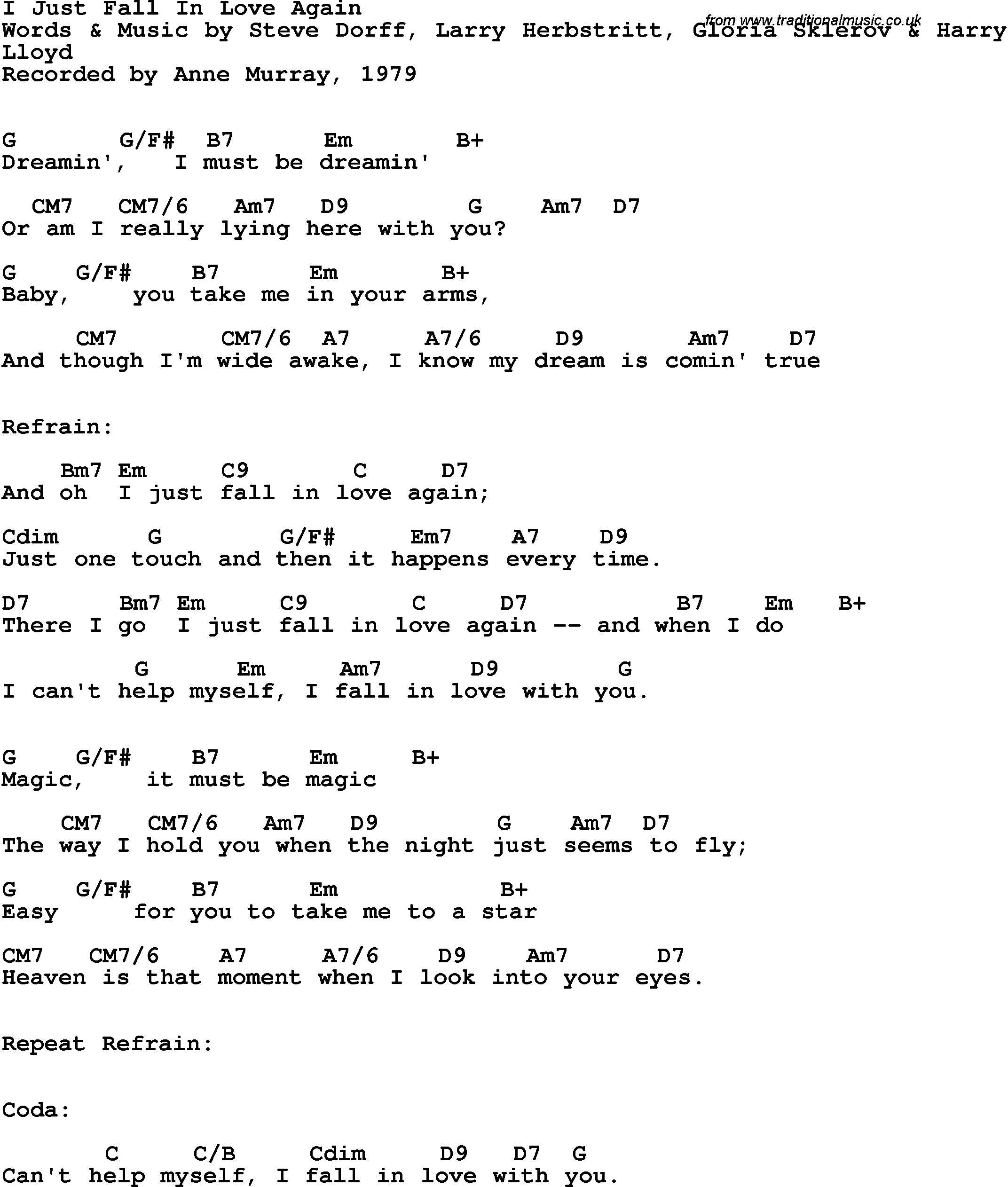 Song Lyrics with guitar chords for I Just Fall In Love Again - Anne Murray, 1979