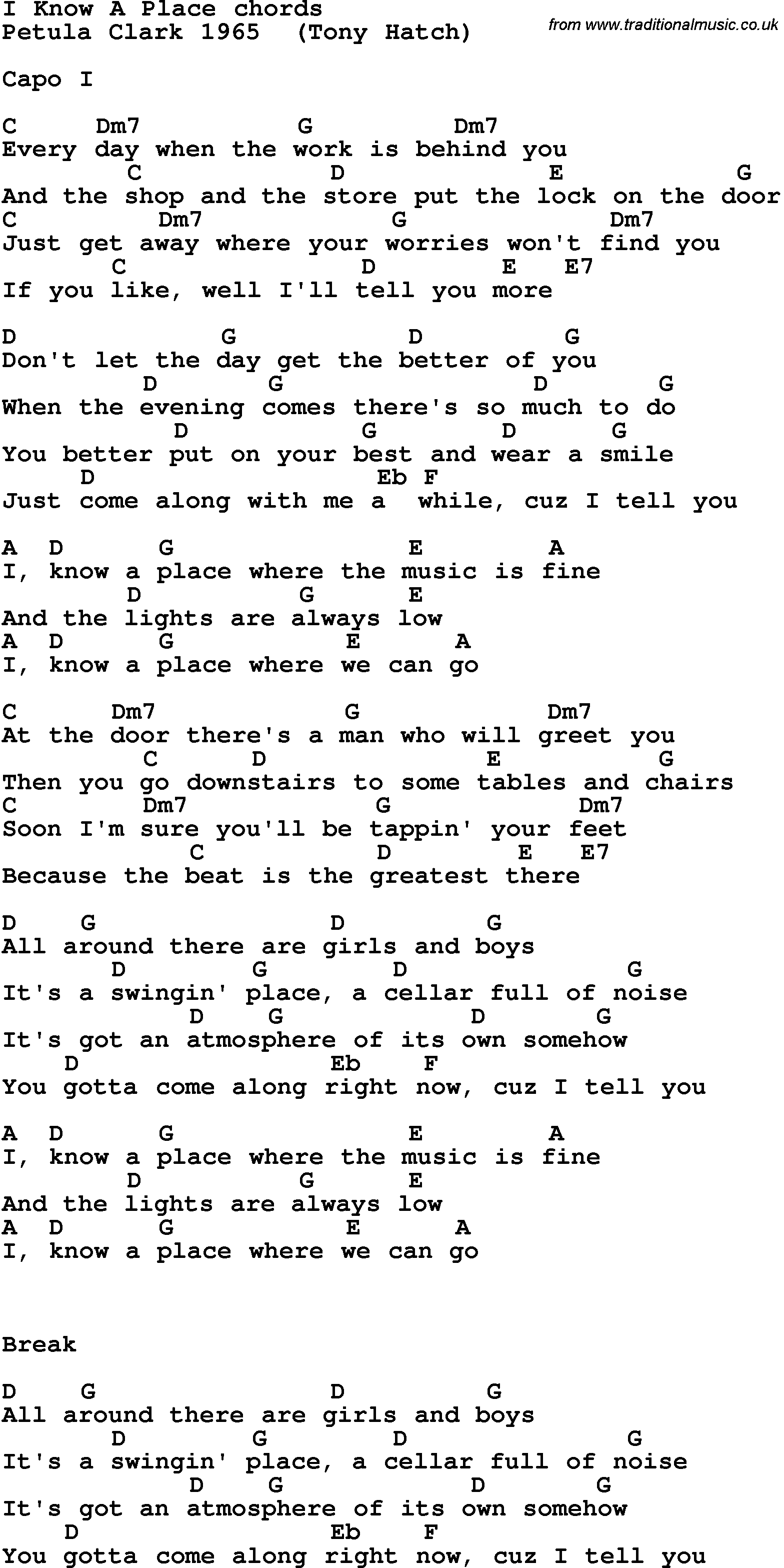 Song Lyrics with guitar chords for I Know A Place