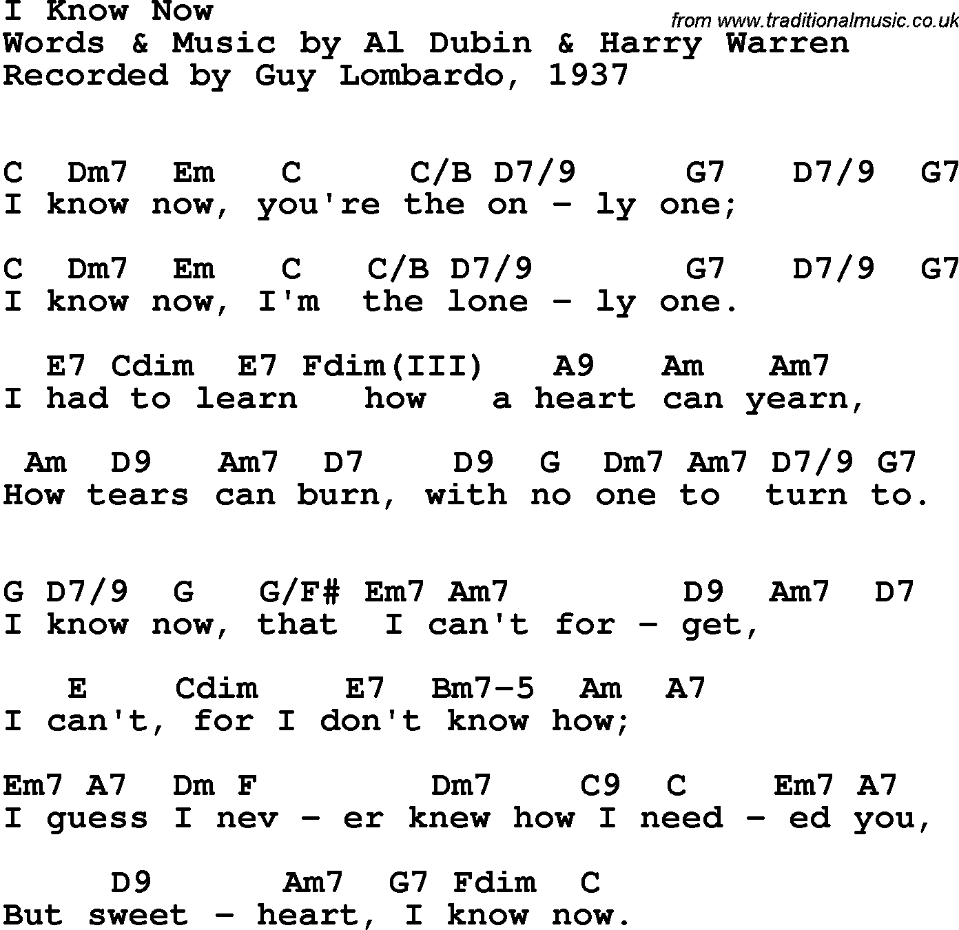Song Lyrics with guitar chords for I Know Now - Guy Lombardo, 1937