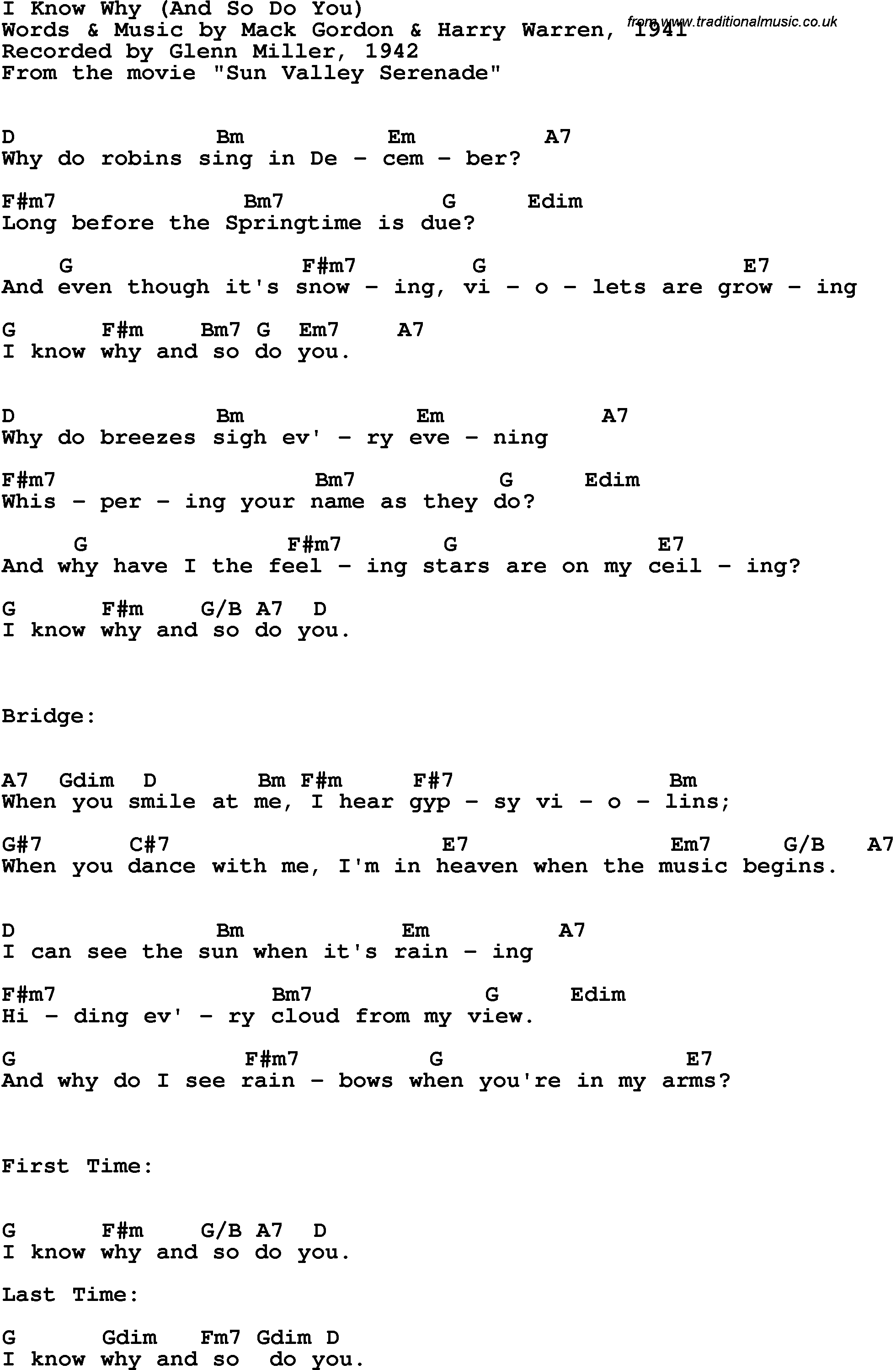 Song Lyrics with guitar chords for I Know Why (And So Do You) - Glenn Miller, 1942