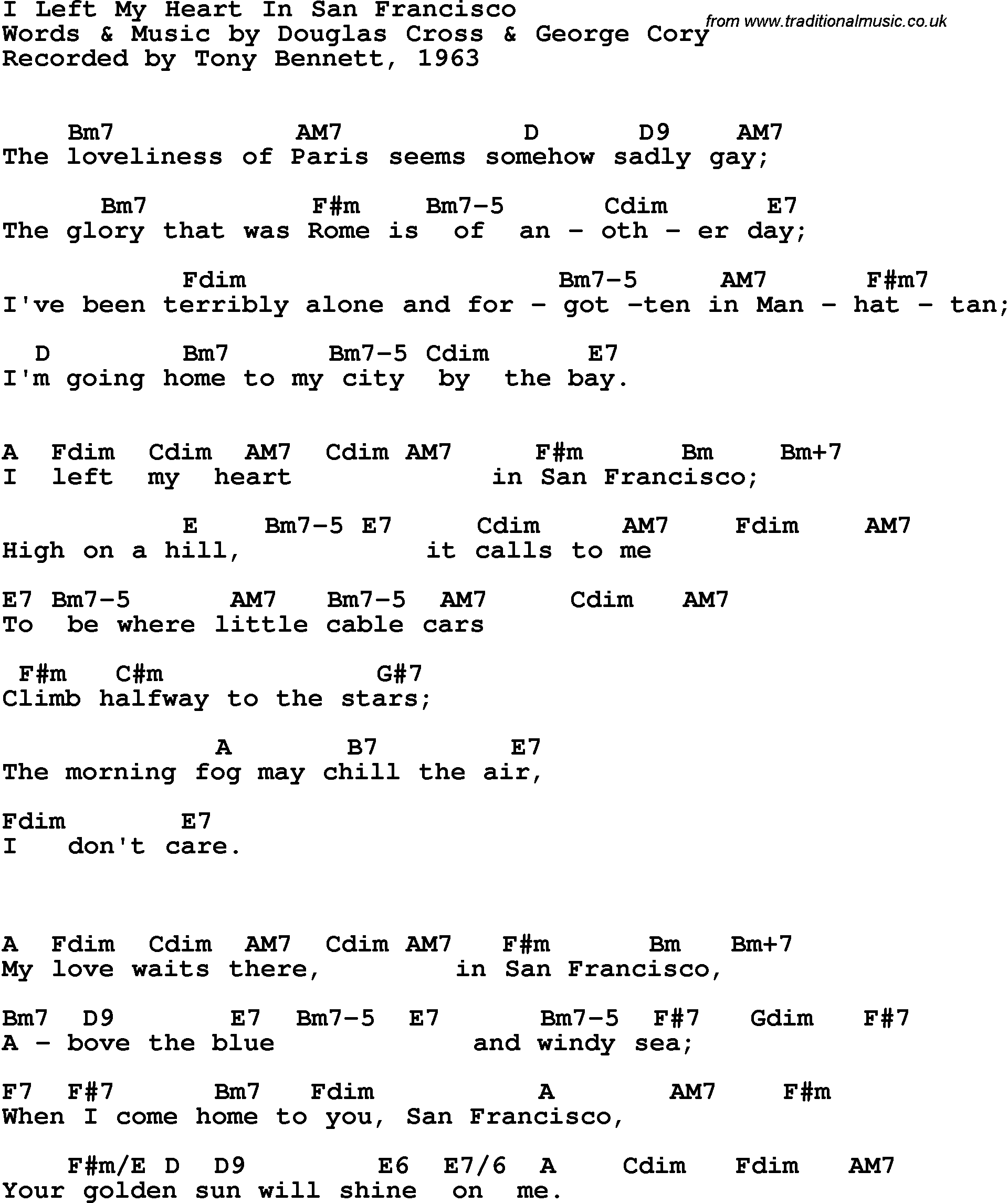 Song Lyrics with guitar chords for I Left My Heart In San Francisco - Tony Bennett, 1962
