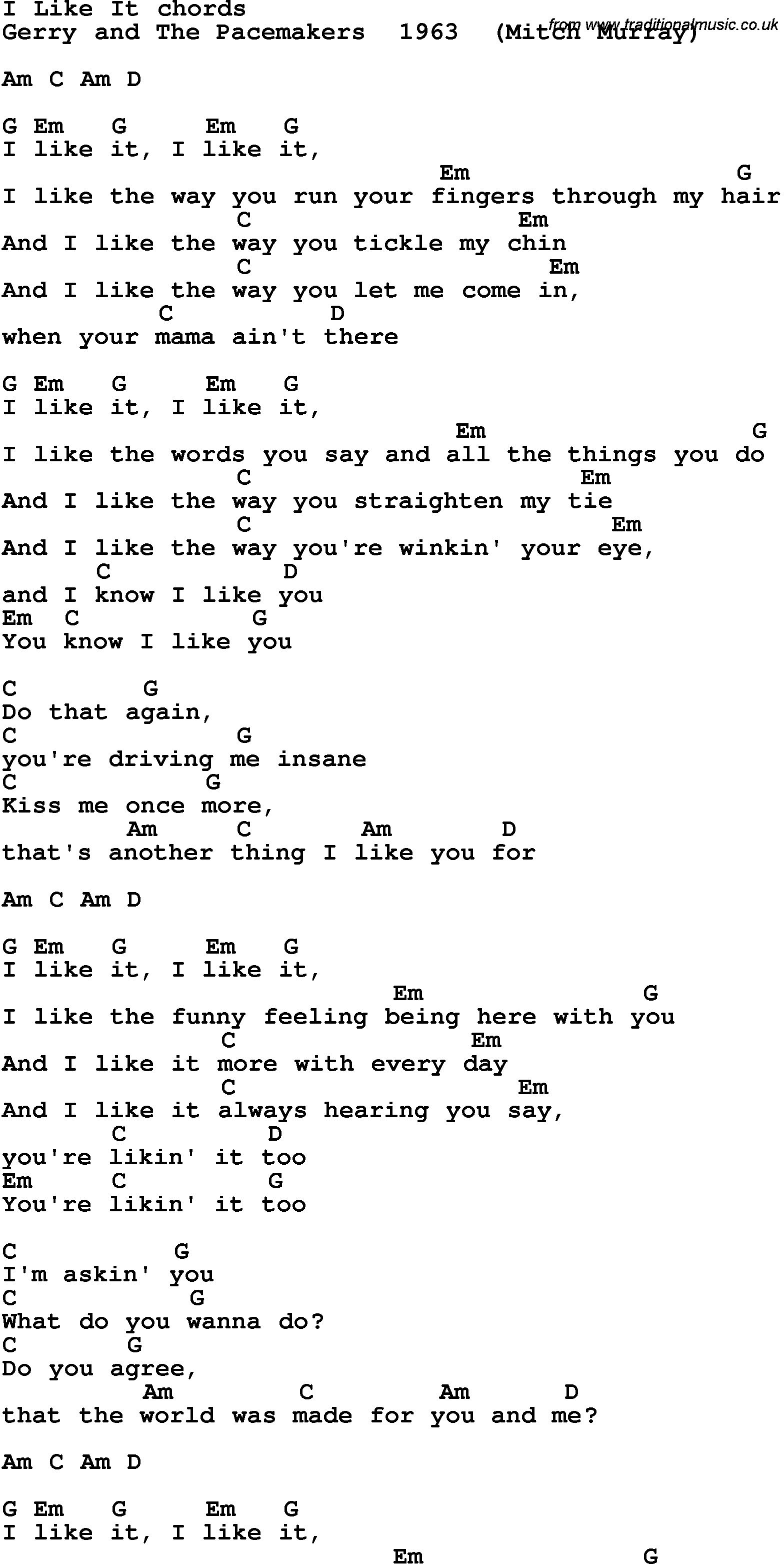 Song Lyrics with guitar chords for I Like It