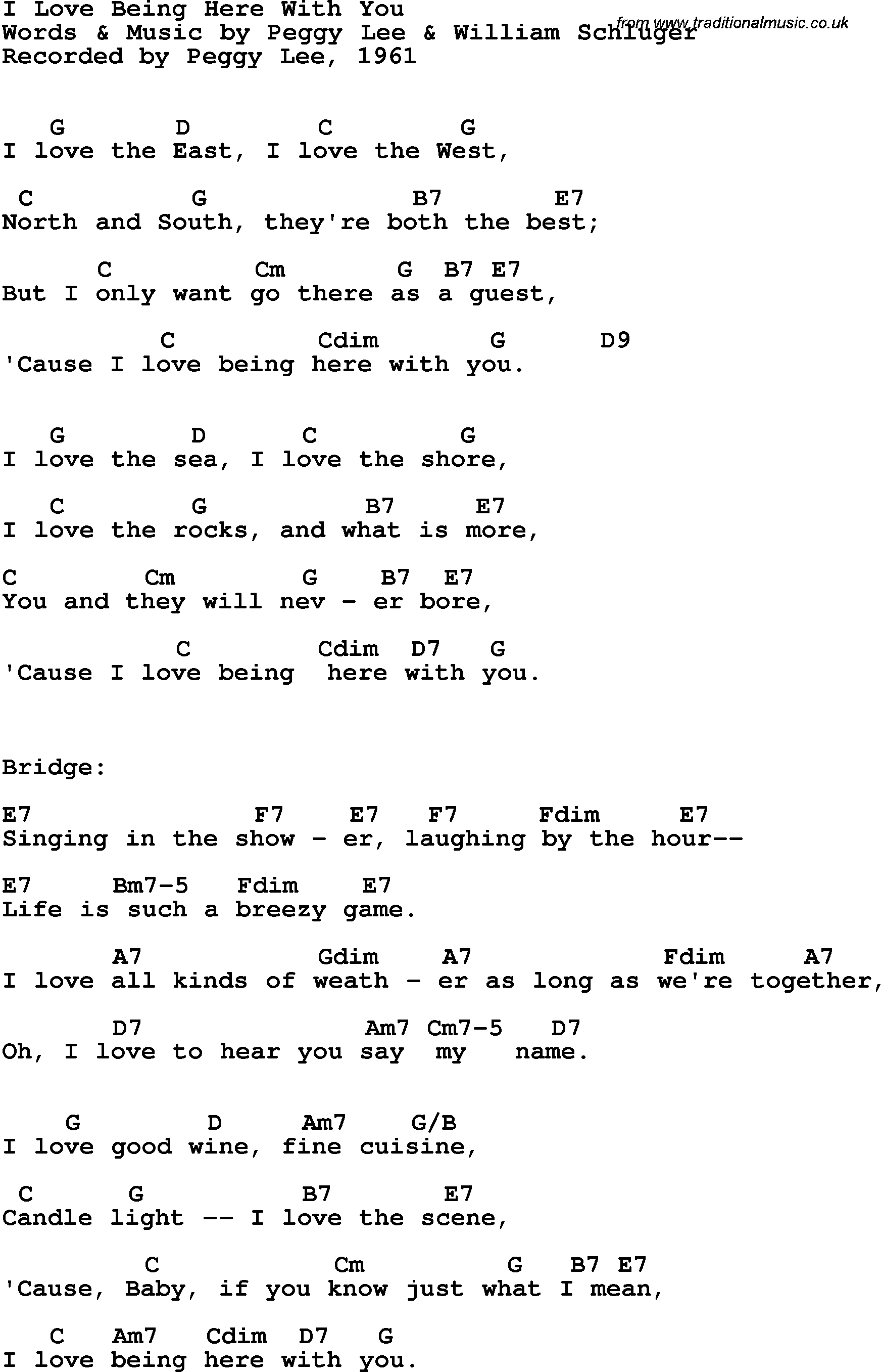 Song Lyrics with guitar chords for I Love Being Here With You - Peggy Lee, 1961