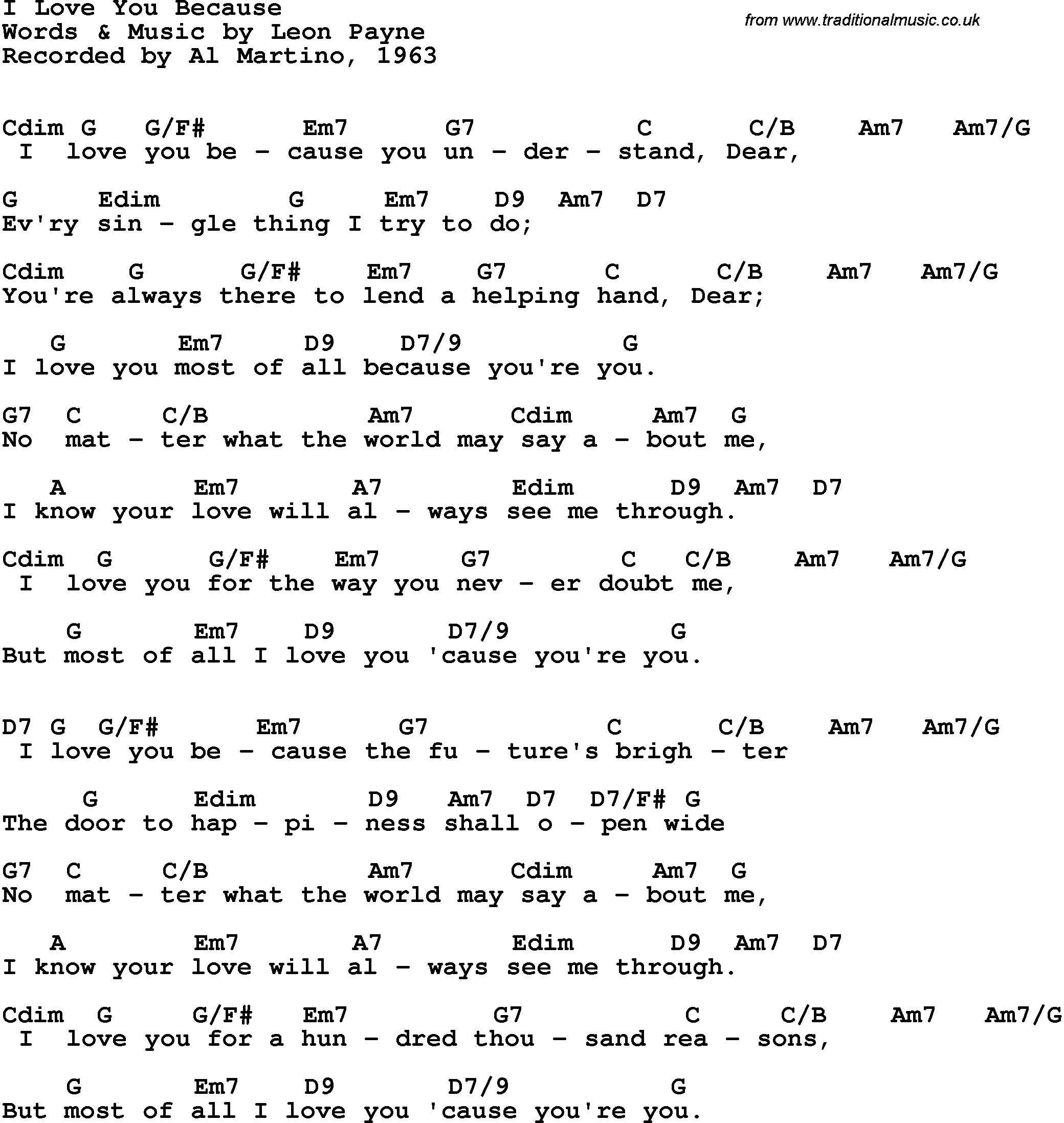 Song Lyrics with guitar chords for I Love You Because - Al Martino, 1963