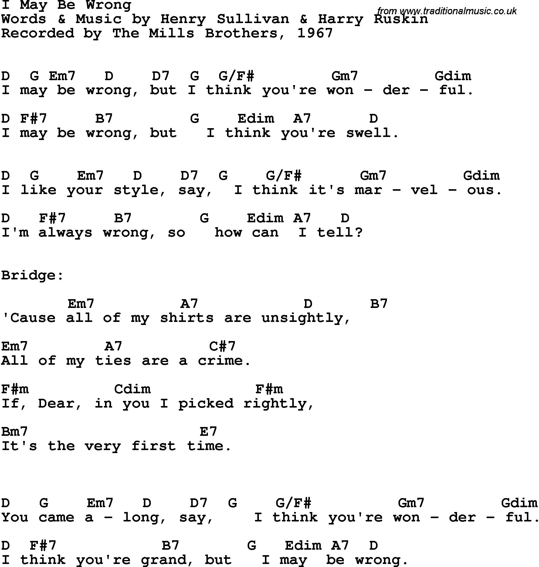 Song Lyrics with guitar chords for I May Be Wrong - Mills Brothers, 1967
