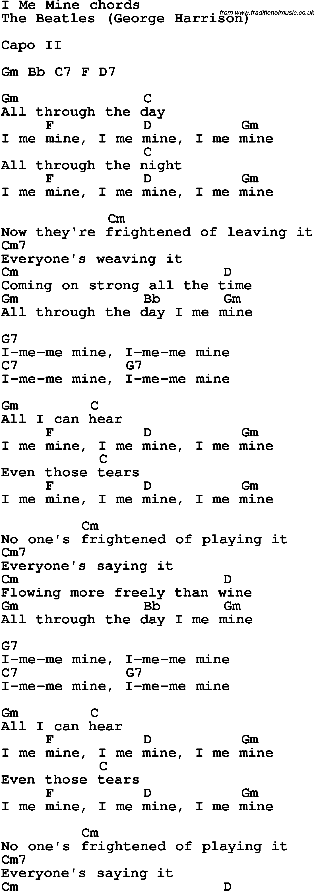Song Lyrics with guitar chords for I Me Mine