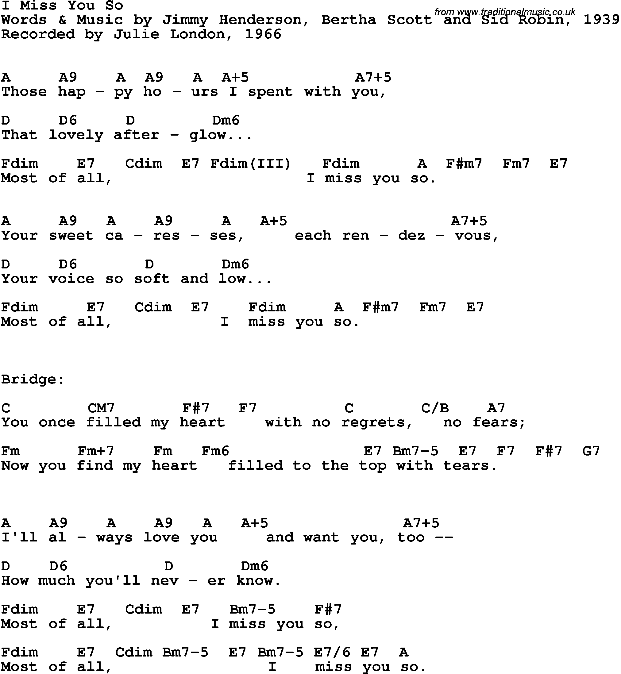 Song Lyrics with guitar chords for I Miss You So - Julie London, 1966