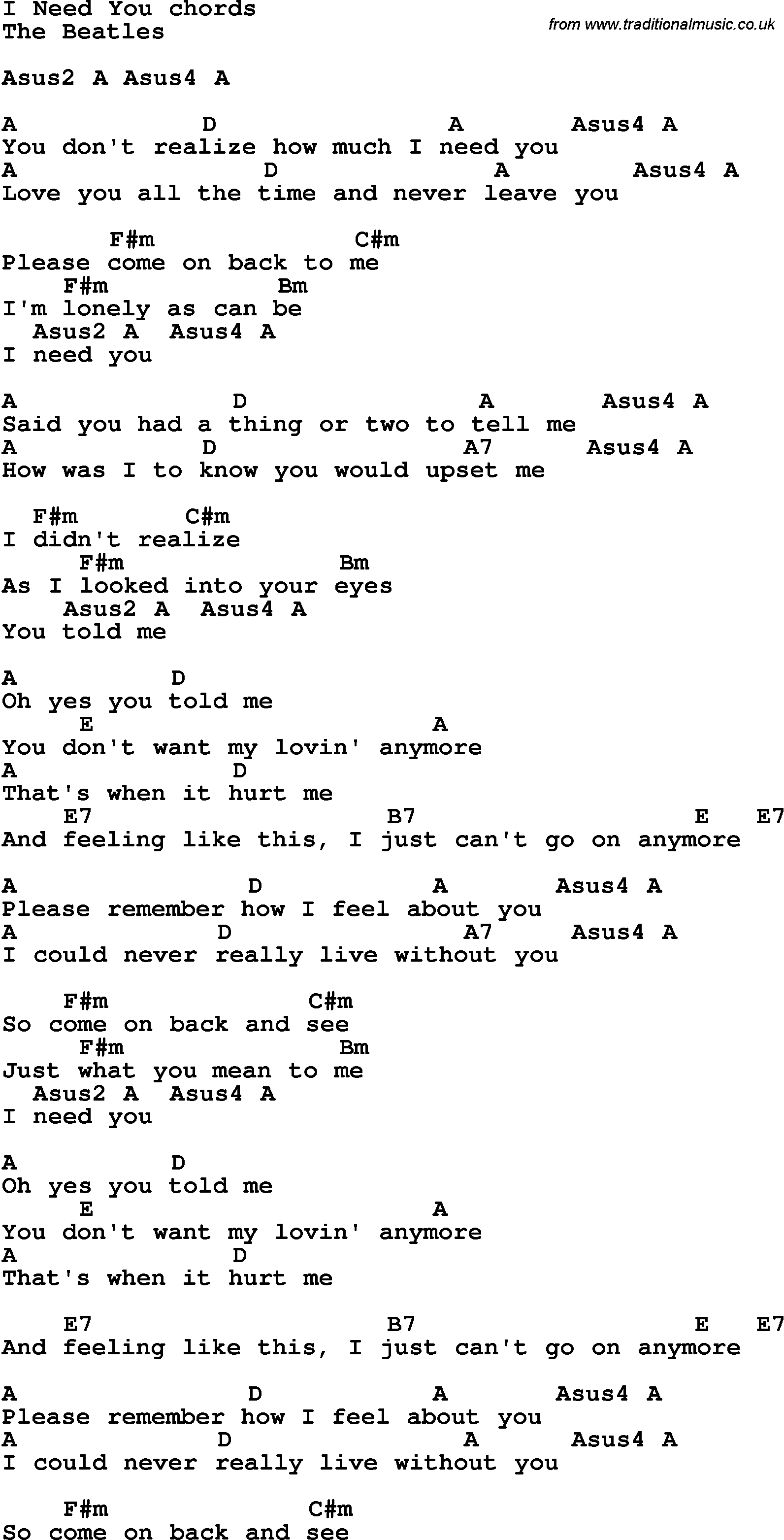 Song Lyrics with guitar chords for I Need You - The Beatle