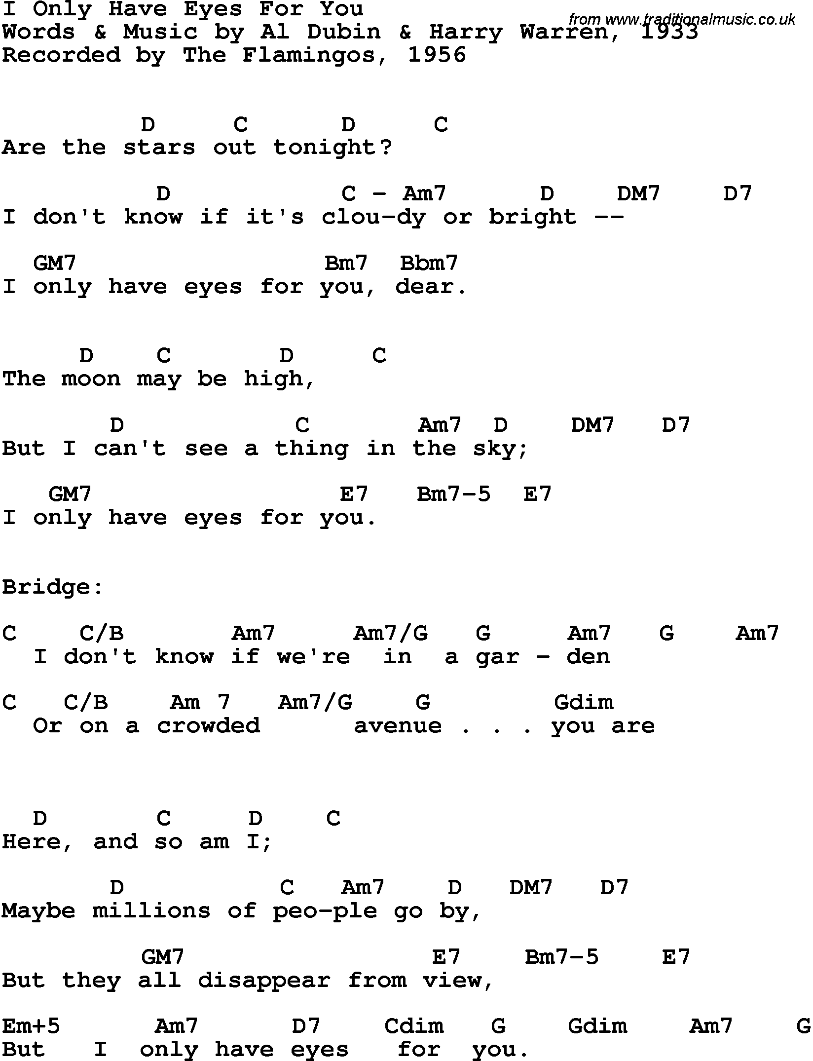 Song Lyrics with guitar chords for I Only Have Eyes For You - The Flamingos, 1959