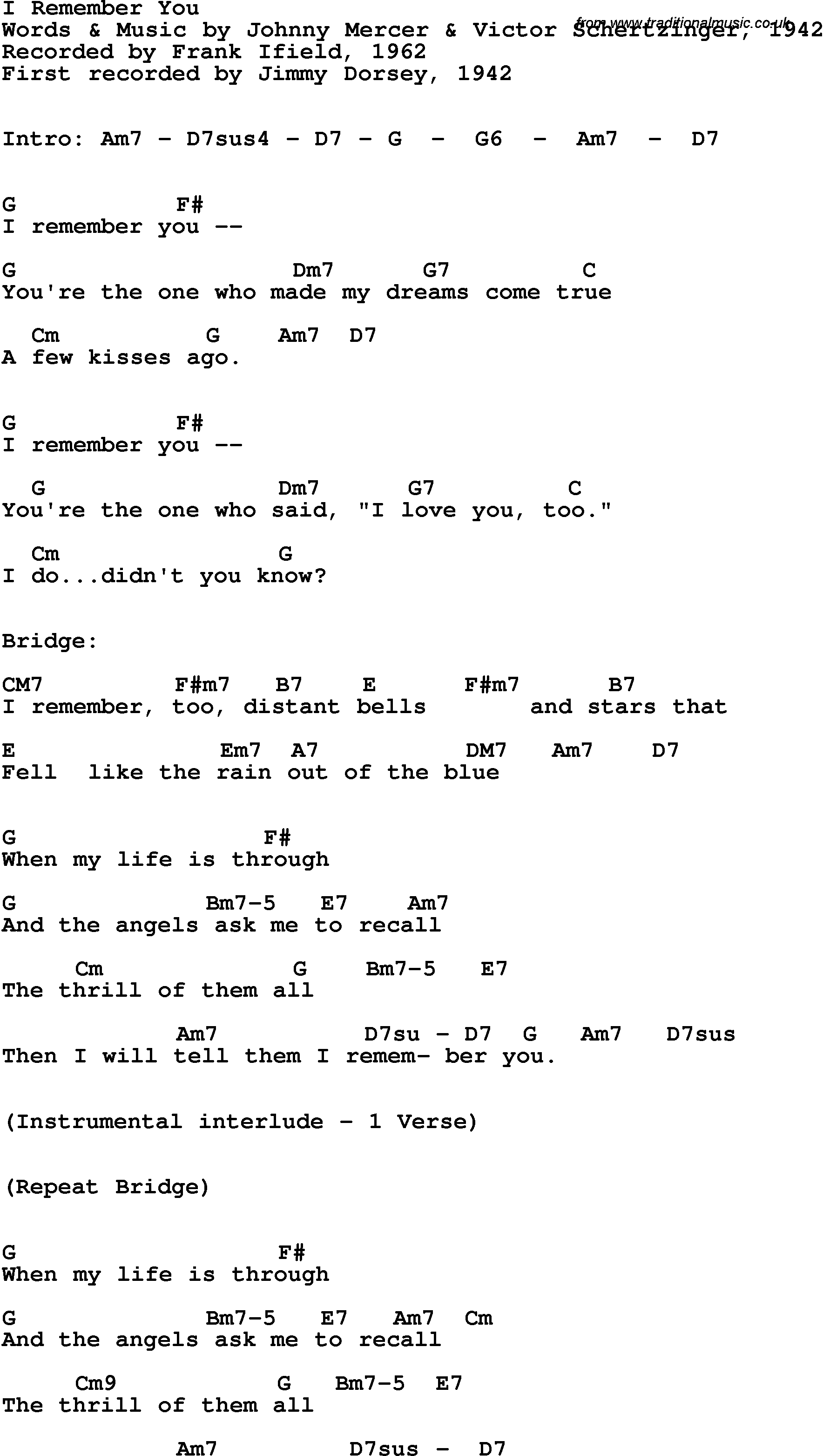 Song Lyrics with guitar chords for I Remember You - Frank Ifield, 1962