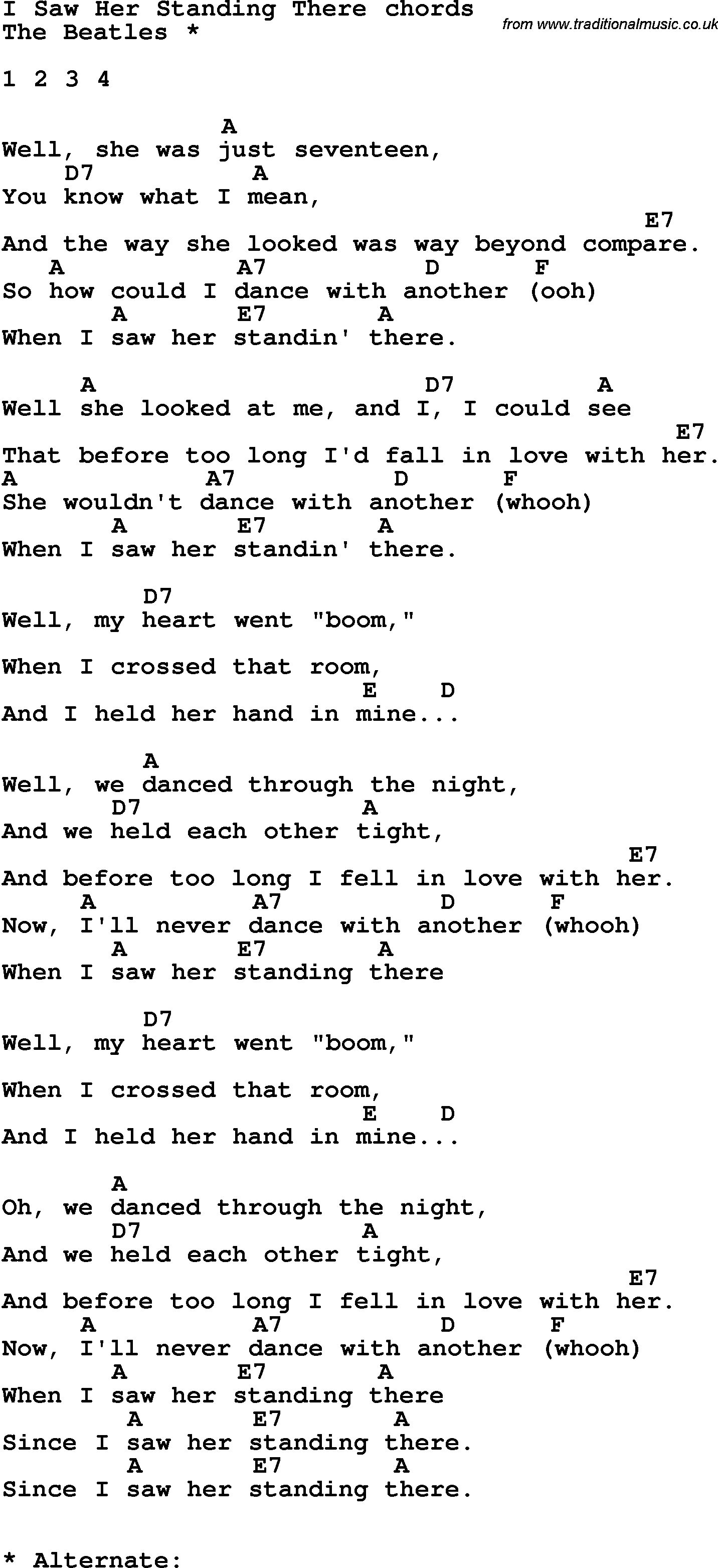 Song Lyrics with guitar chords for I Saw Her Standing There