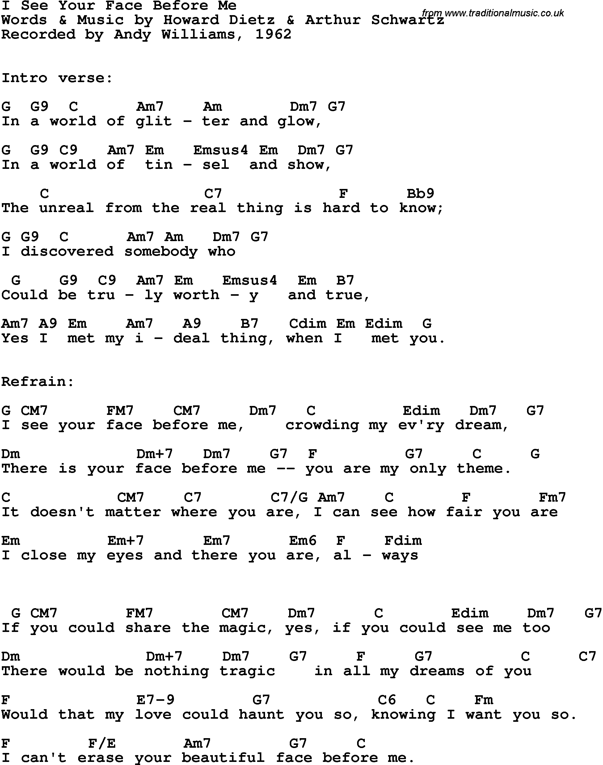Song Lyrics with guitar chords for I See Your Face Before Me - Andy Williams, 1962