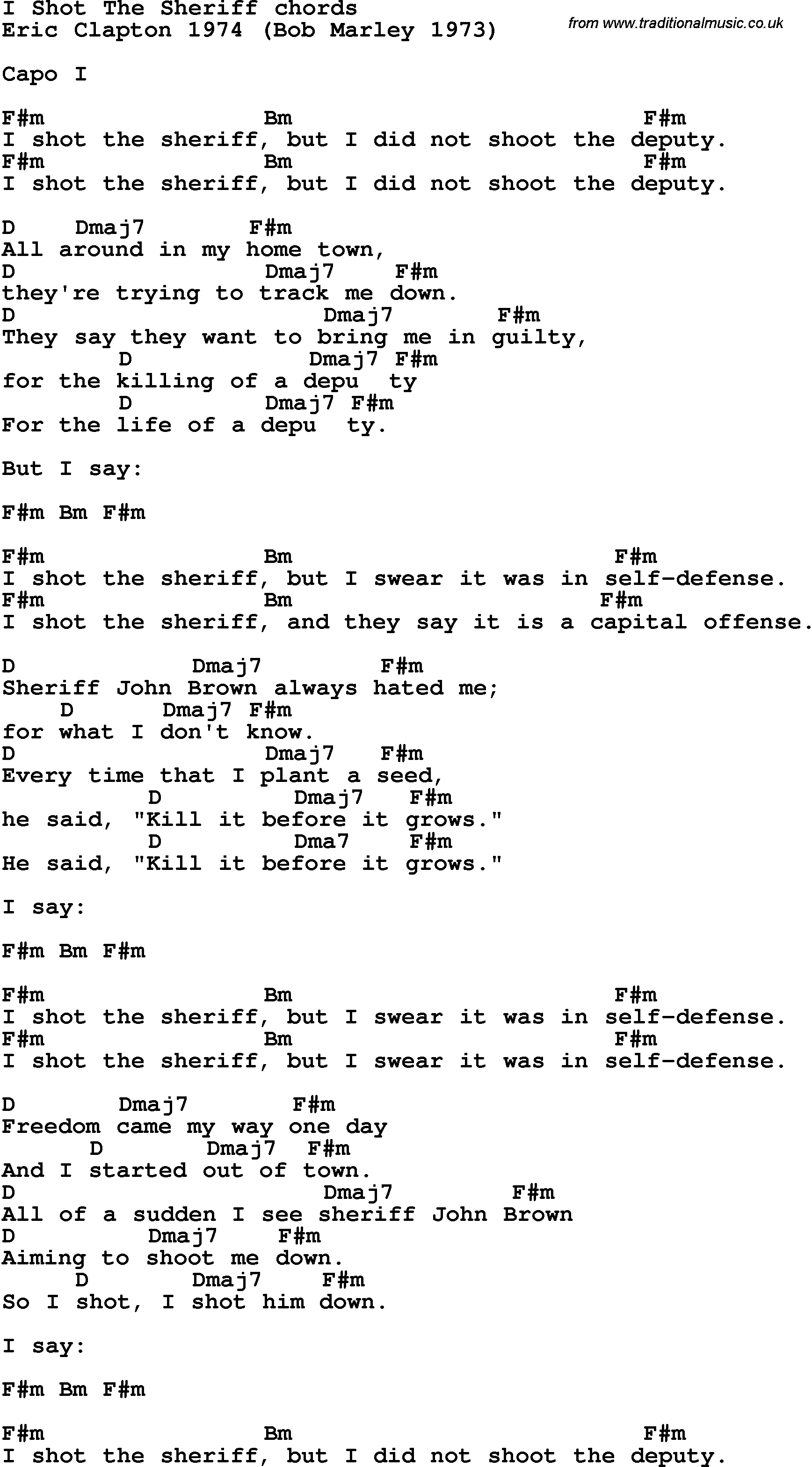 Song Lyrics with guitar chords for I Shot The Sheriff