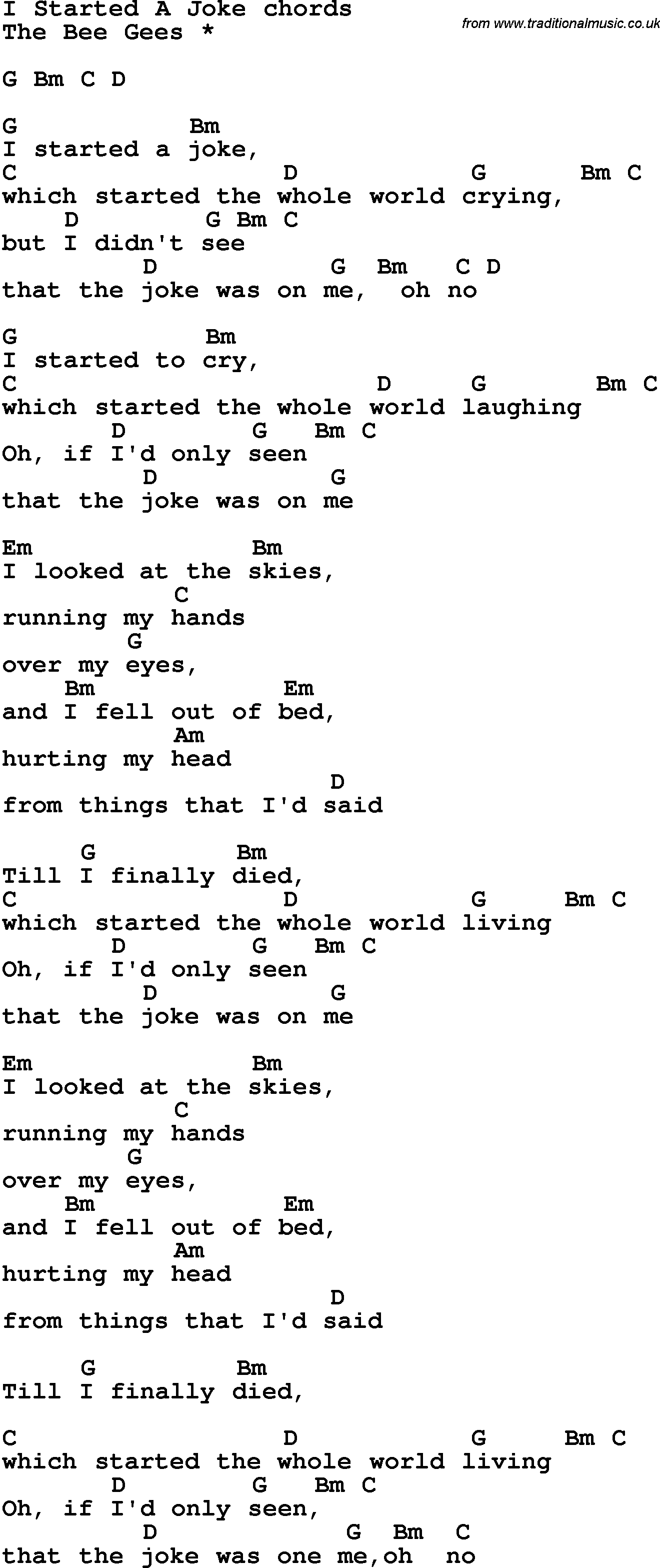 Song Lyrics with guitar chords for I Started A Joke