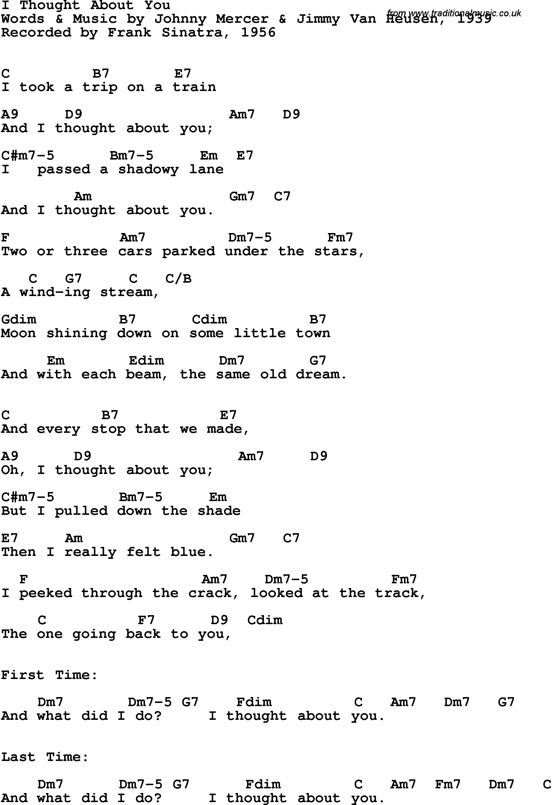 Song Lyrics with guitar chords for I Thought About You - Frank Sinatra, 1956