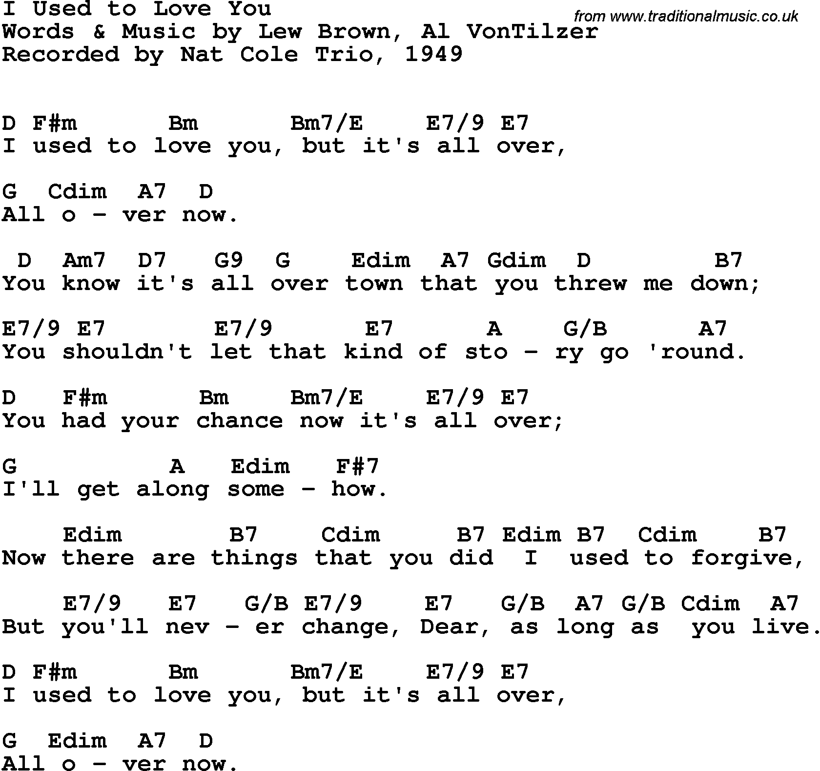 Song Lyrics with guitar chords for I Used To Love You - Nat Cole Trio, 1949