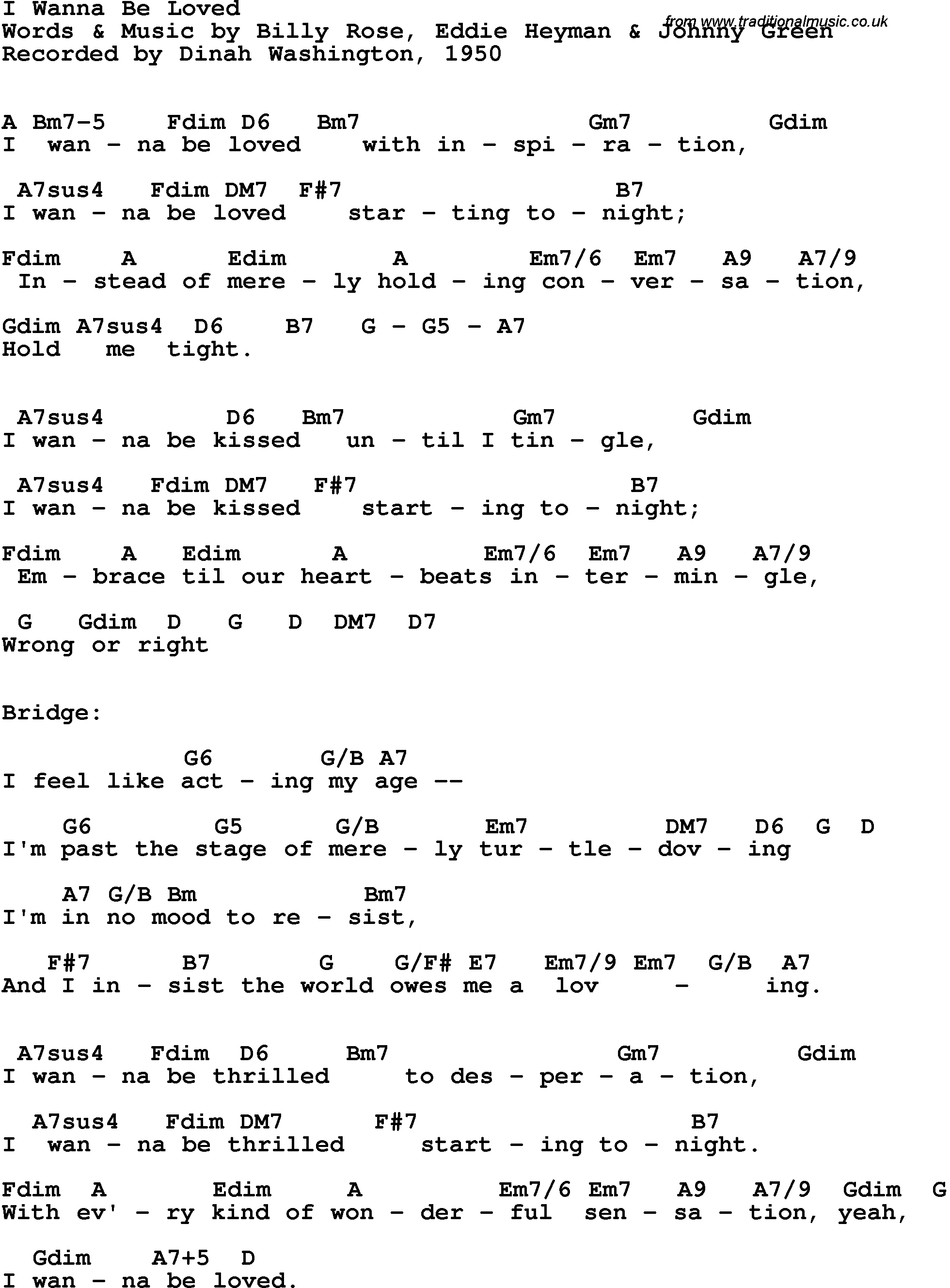 Song Lyrics with guitar chords for I Wanna Be Loved - Dinah Washington, 1950