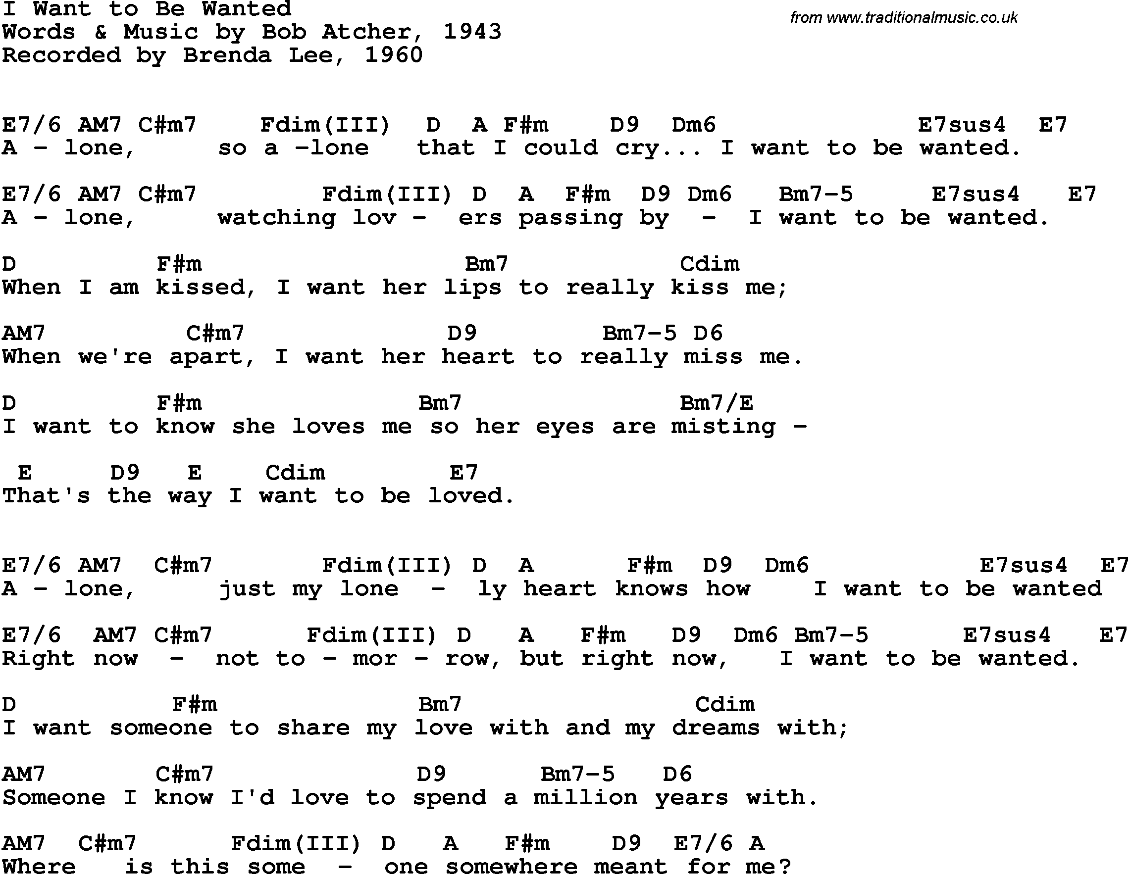 Song Lyrics with guitar chords for I Want To Be Wanted - Brenda Lee, 1960