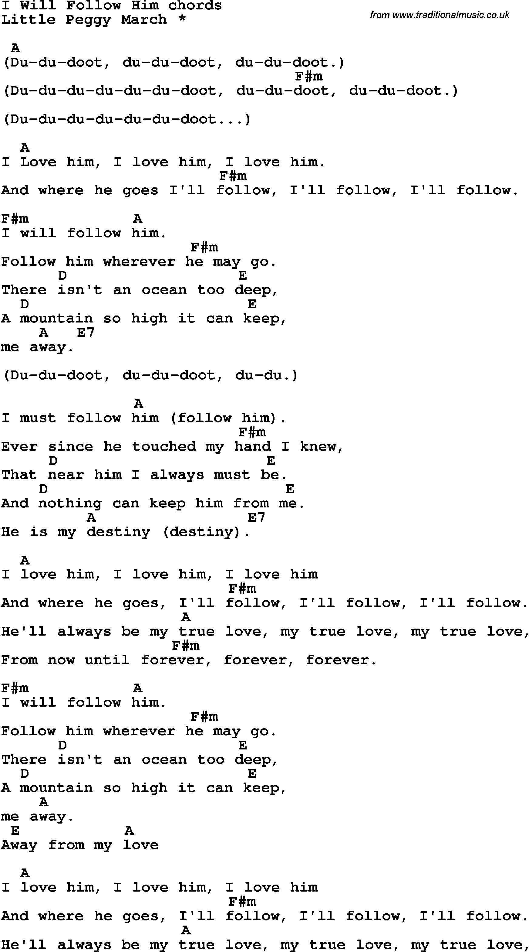 Song Lyrics with guitar chords for I Will Follow Him
