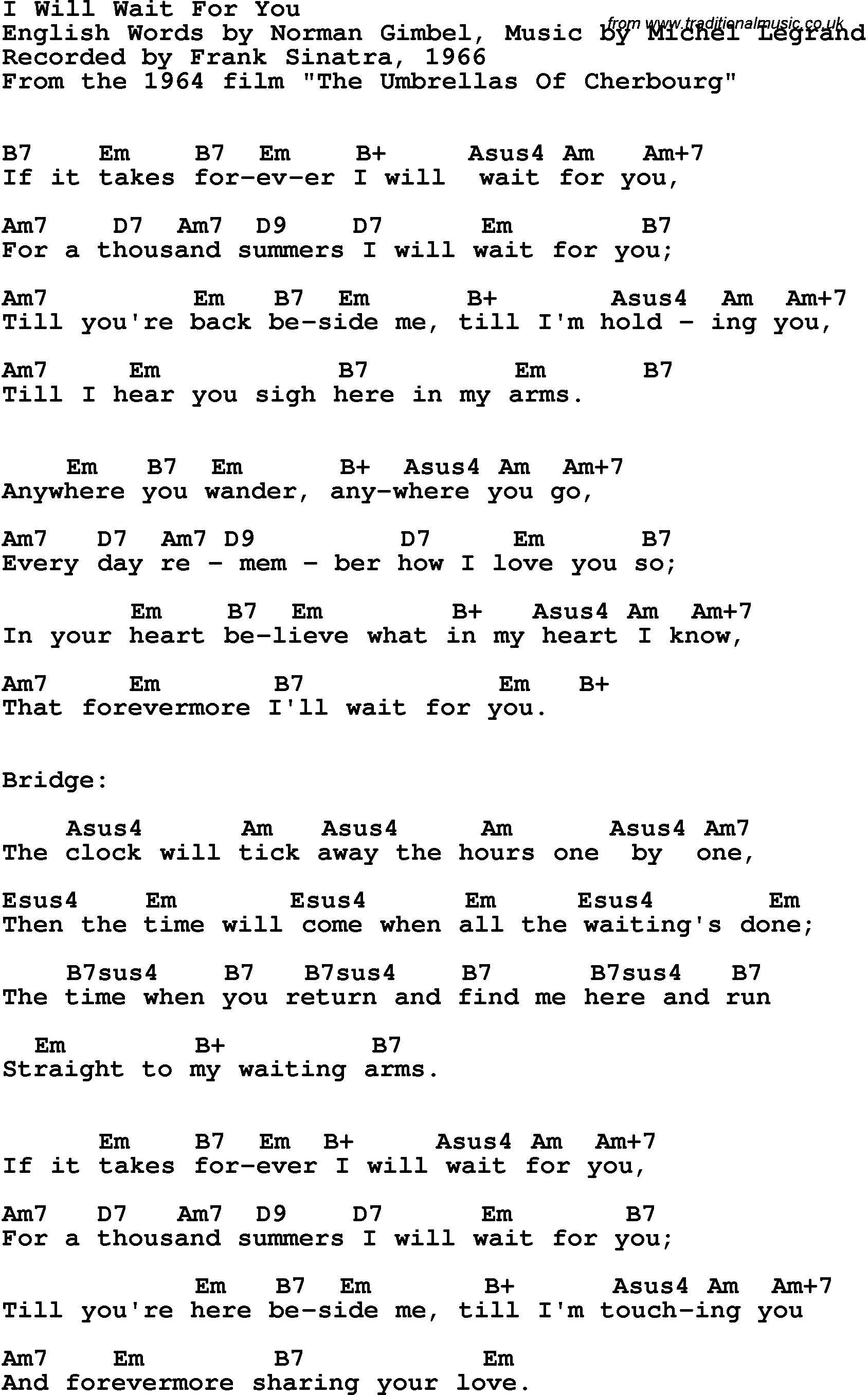 Song Lyrics with guitar chords for I Will Wait For You - Frank Sinatra, 1966