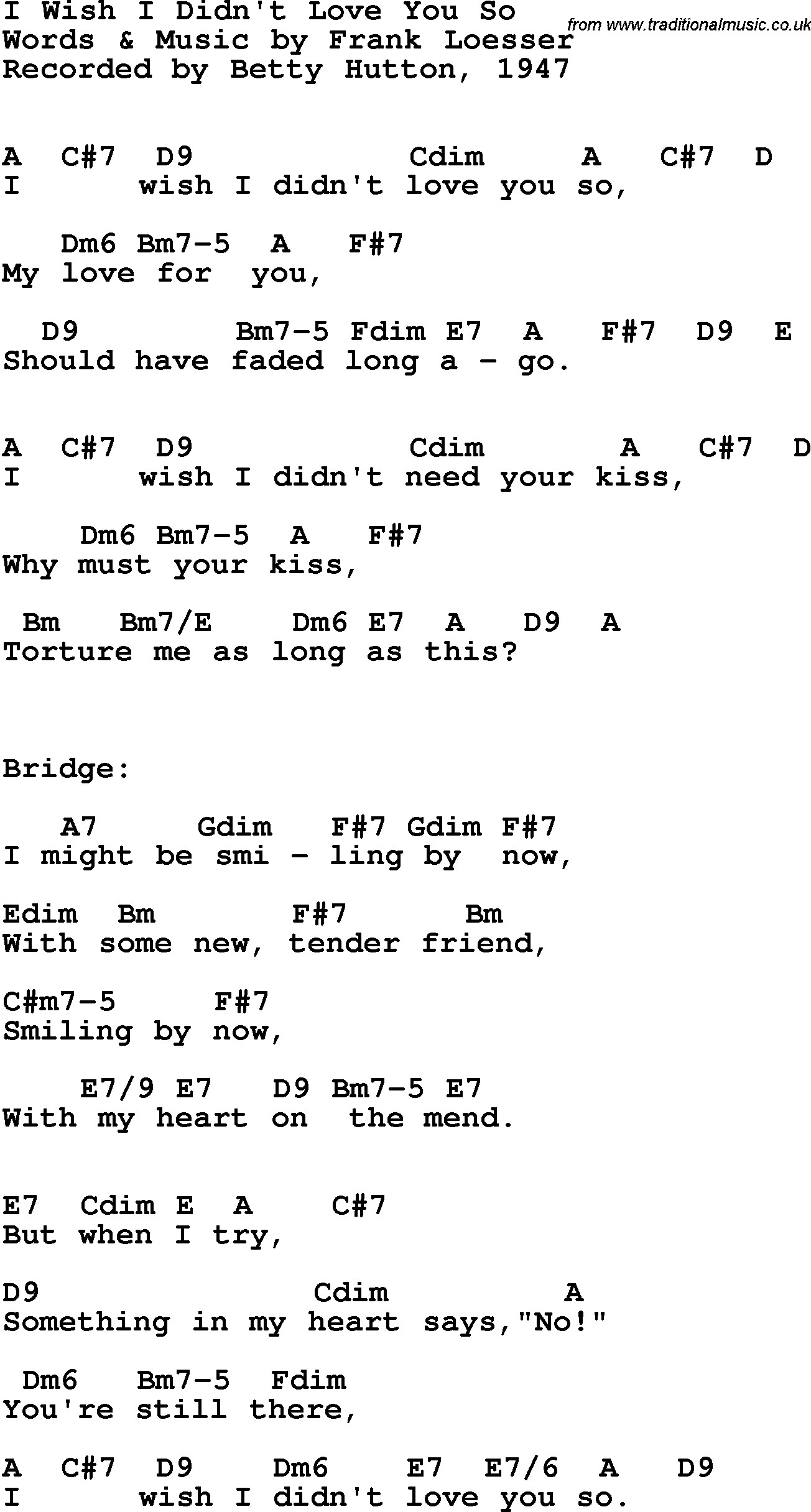 Song Lyrics with guitar chords for I Wish I Didn't Love You So - Betty Hutton, 1947