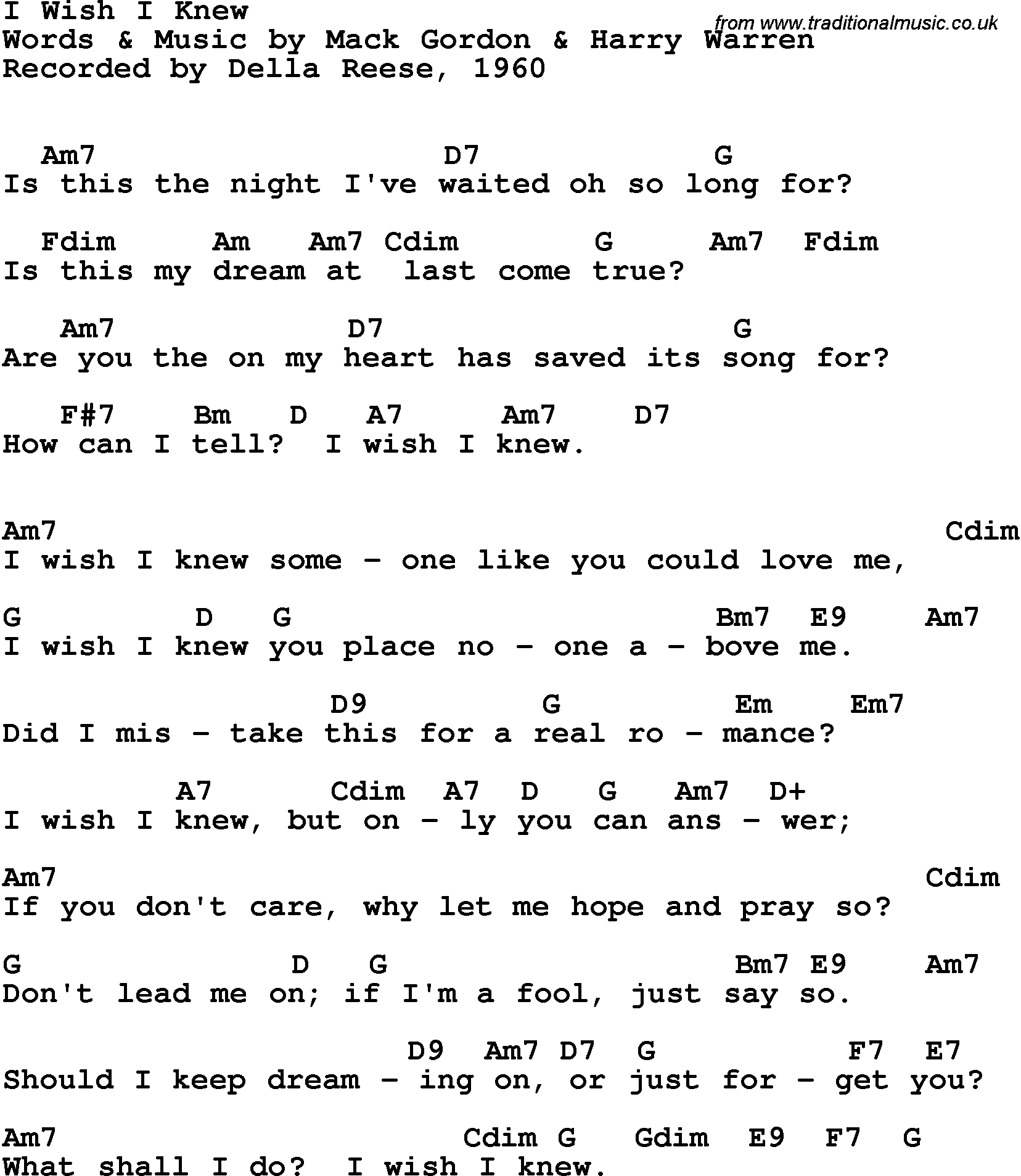 Song Lyrics with guitar chords for I Wish I Knew - Della Reese, 1960