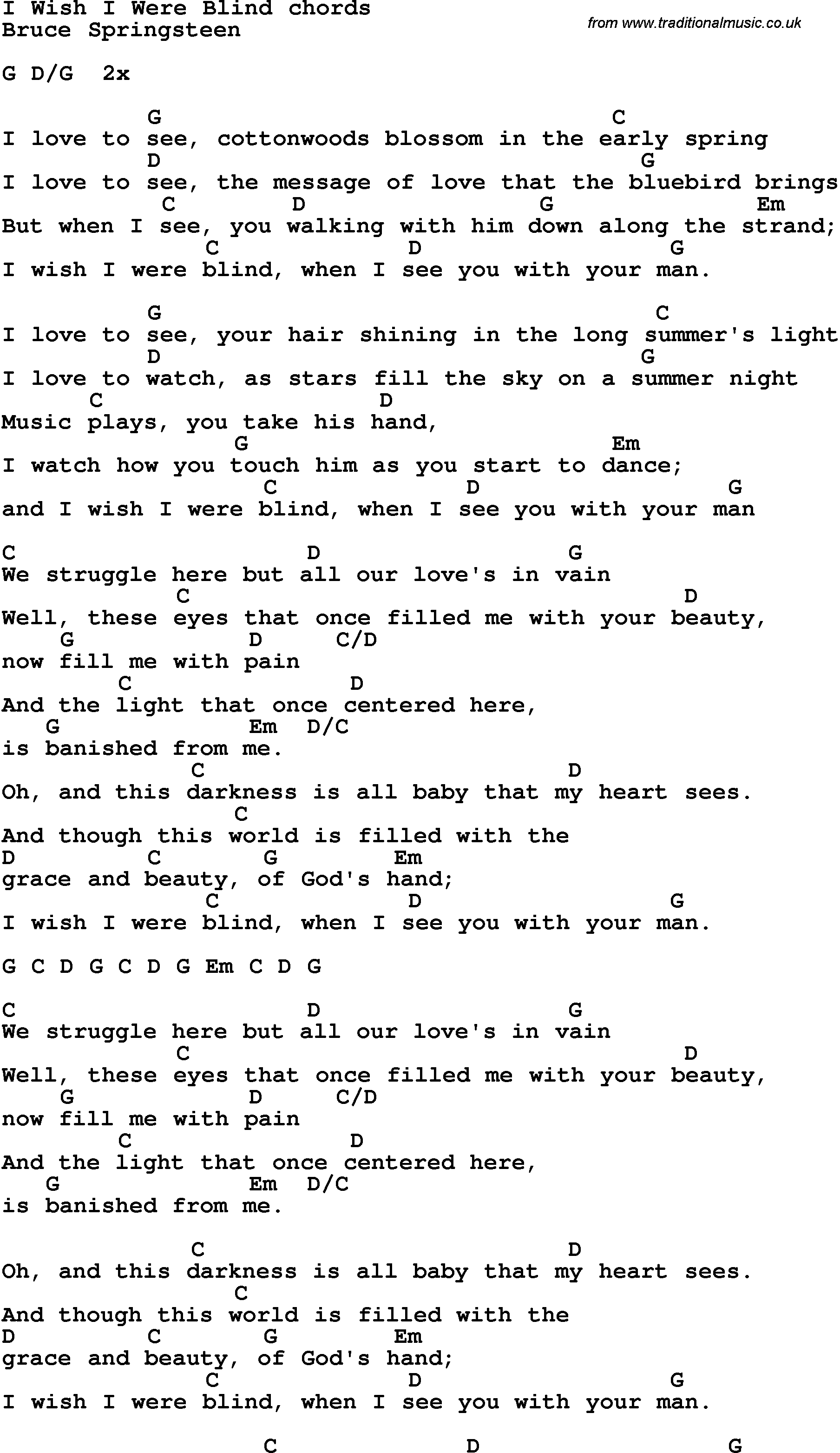 Song Lyrics with guitar chords for I Wish I Were Blind