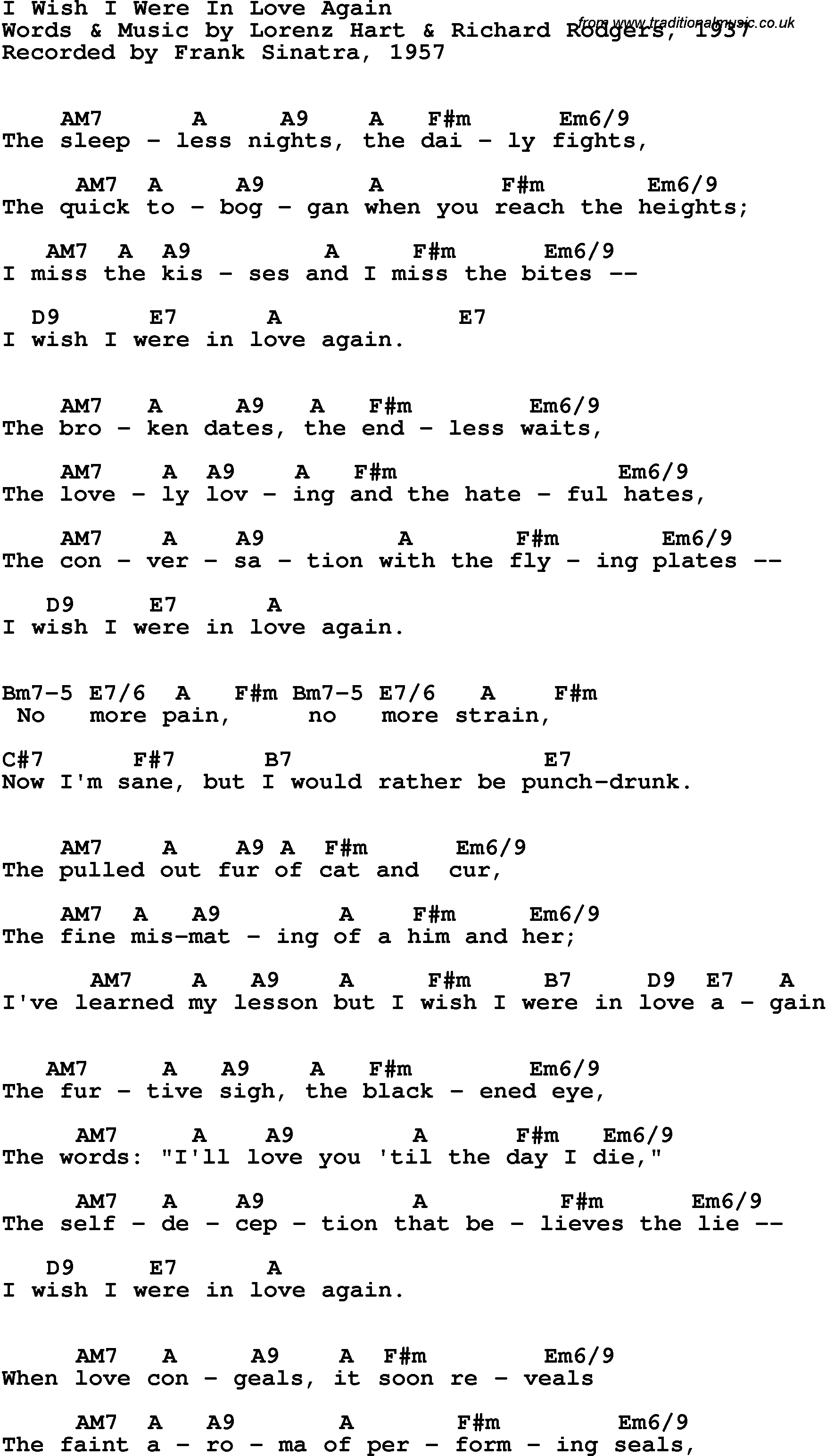 Song Lyrics with guitar chords for I Wish I Were In Love Again - Frank Sinatra, 1957