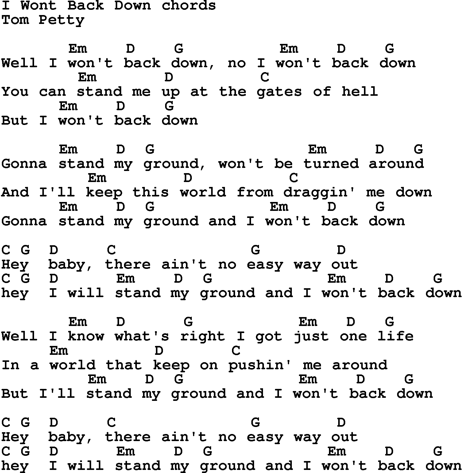 Song Lyrics with guitar chords for I Won't Back Down
