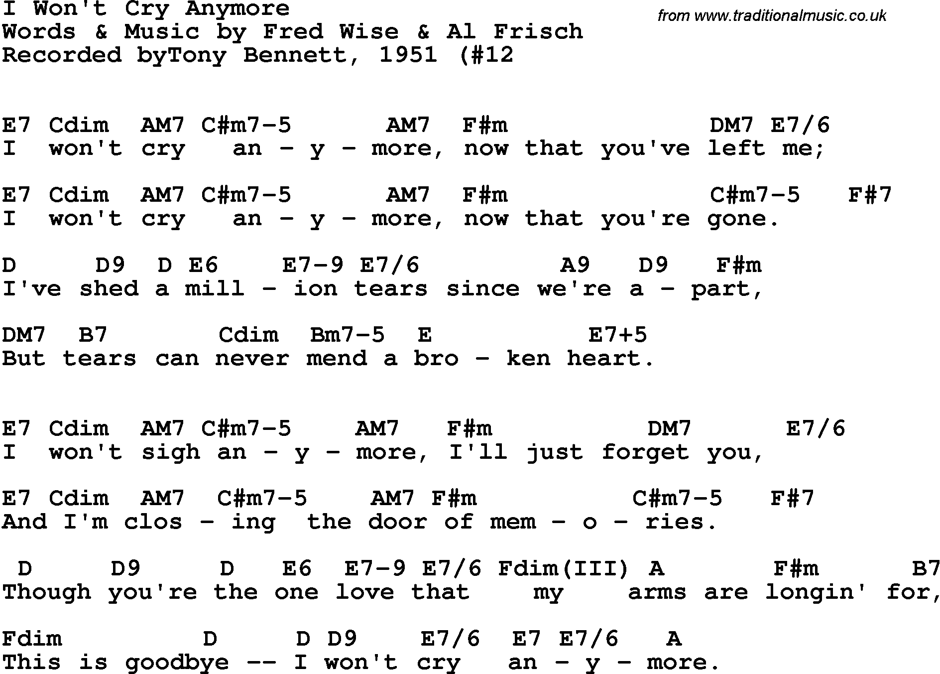 Song Lyrics with guitar chords for I Won't Cry Anymore - Tony Bennett, 1951